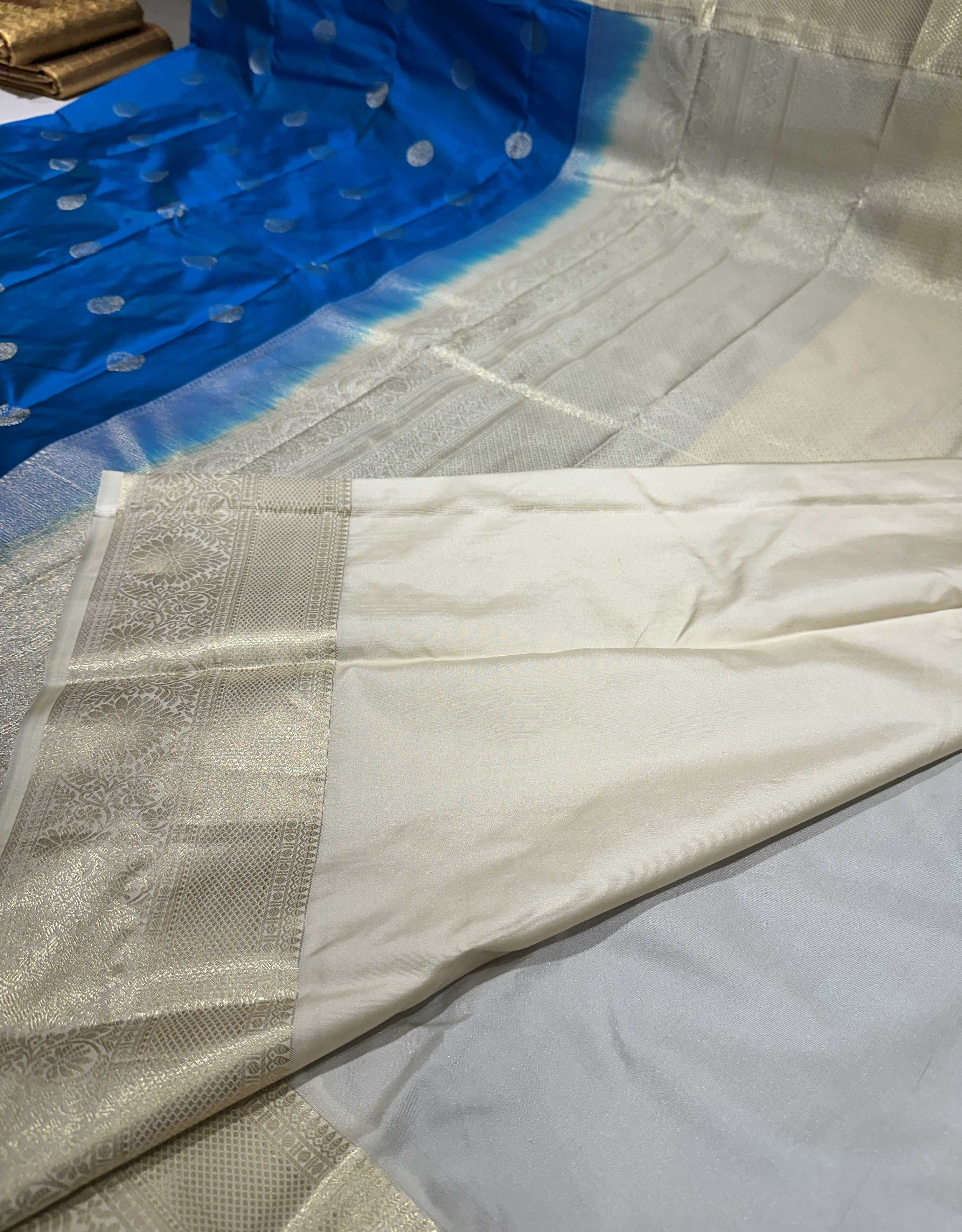 Elegant Royal Blue Semi Kanjivaram Silk Saree With Cream Contrast