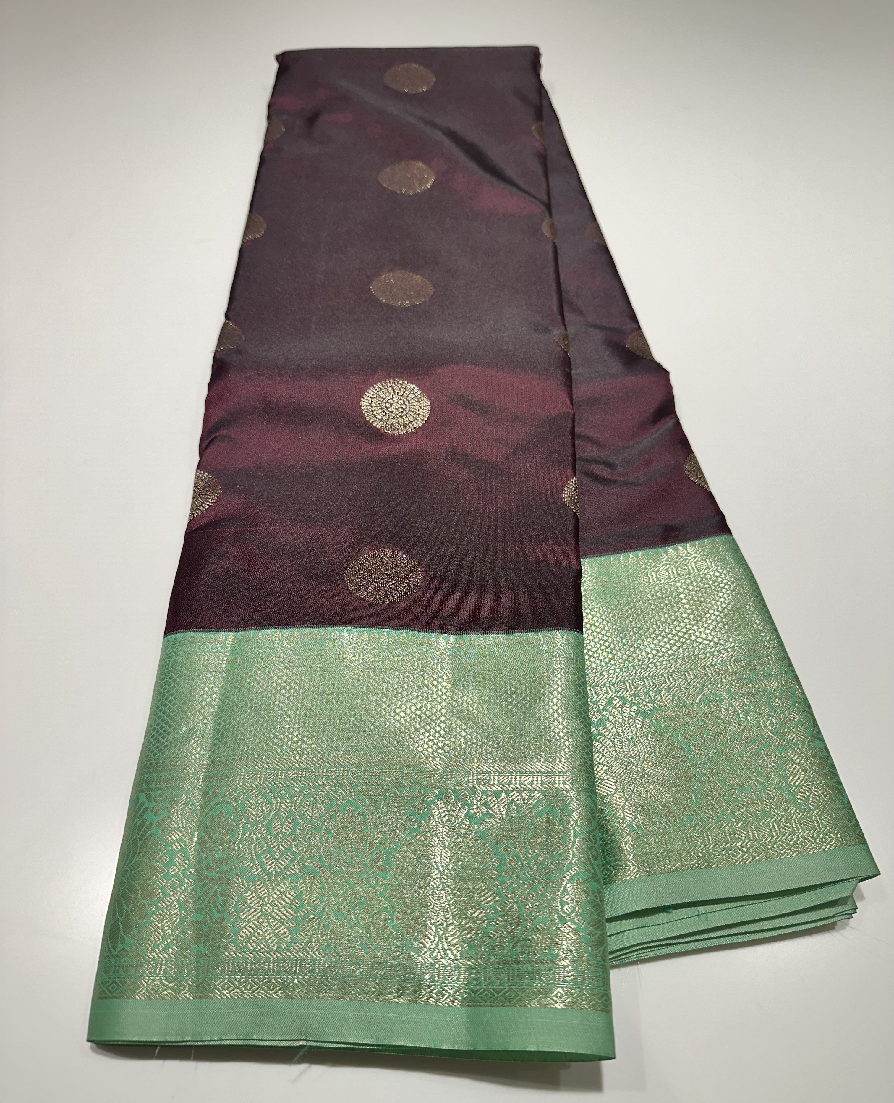 Dark Chocolate Brown Semi Kanjivaram Silk Saree With Pista Green Contrast