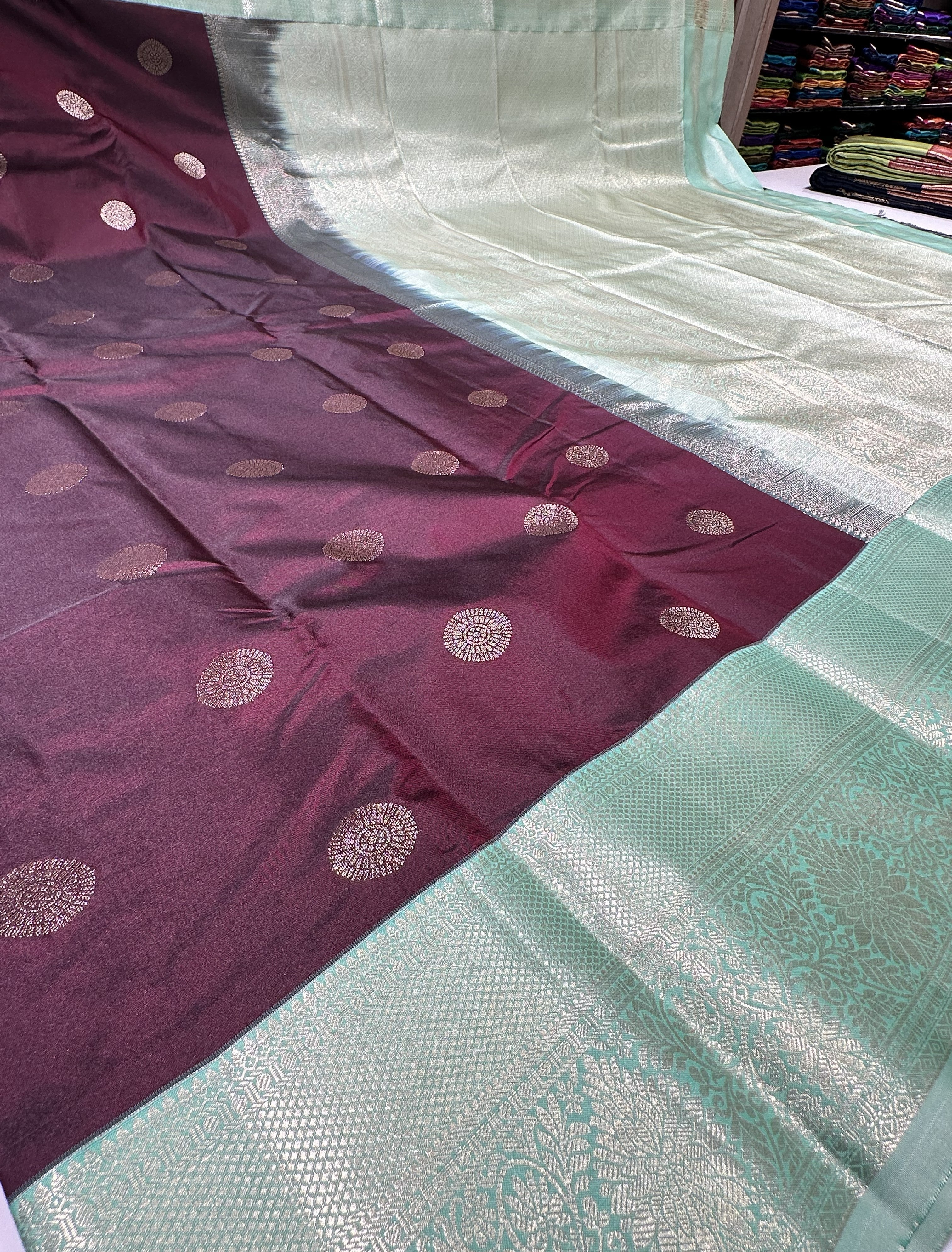 Dark Chocolate Brown Semi Kanjivaram Silk Saree With Pista Green Contrast