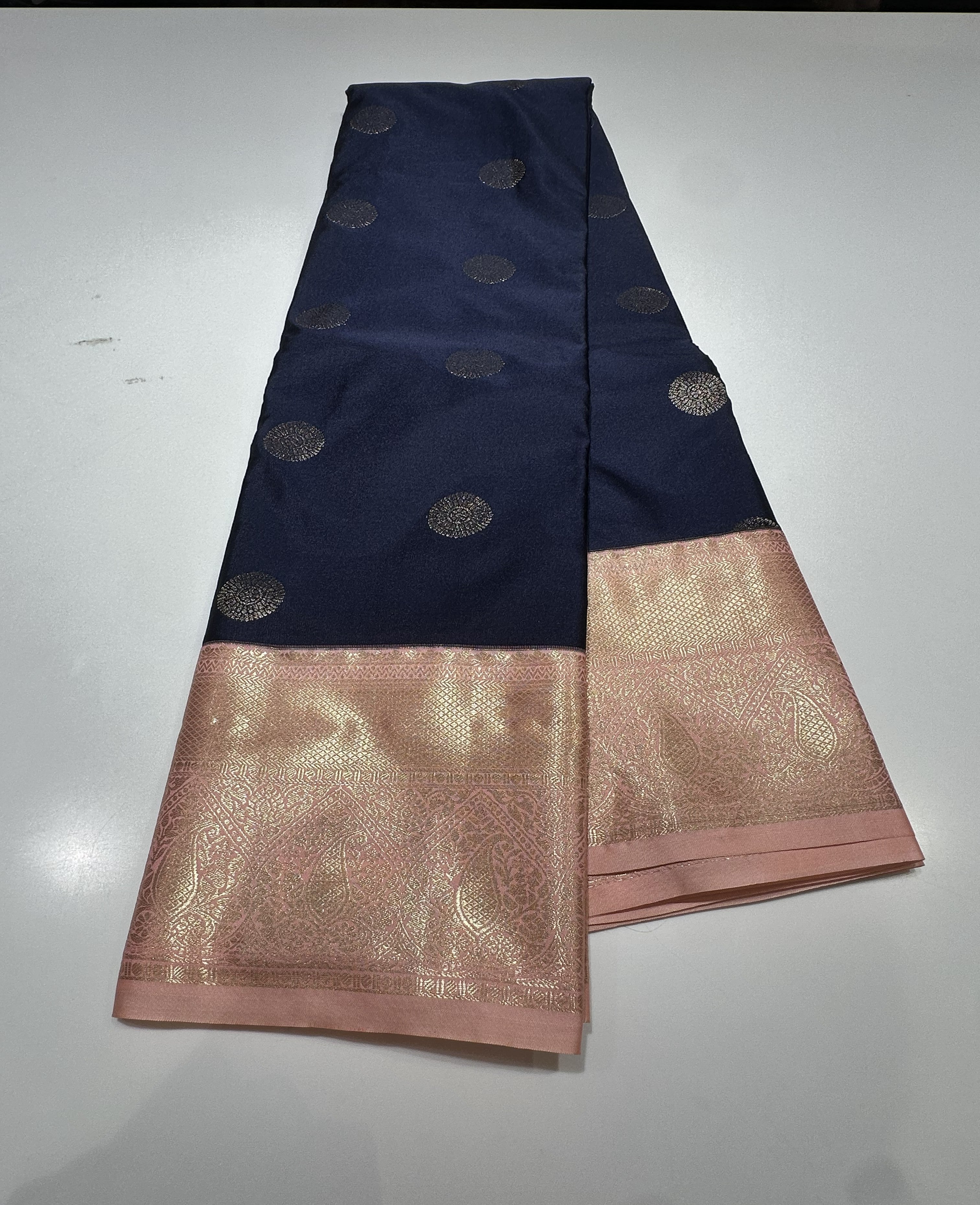 Premium Navy Blue Semi Kanjivaram Silk Saree With Baby Pink Contrast