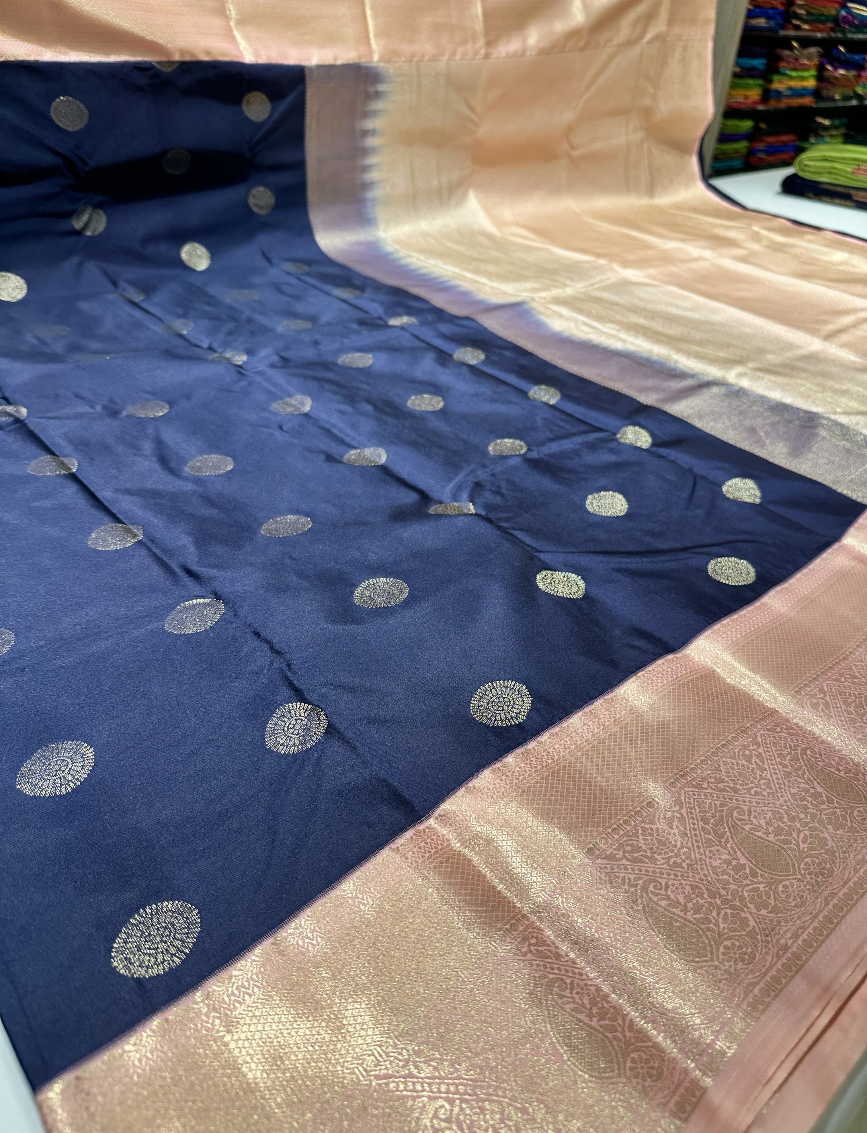 Premium Navy Blue Semi Kanjivaram Silk Saree With Baby Pink Contrast