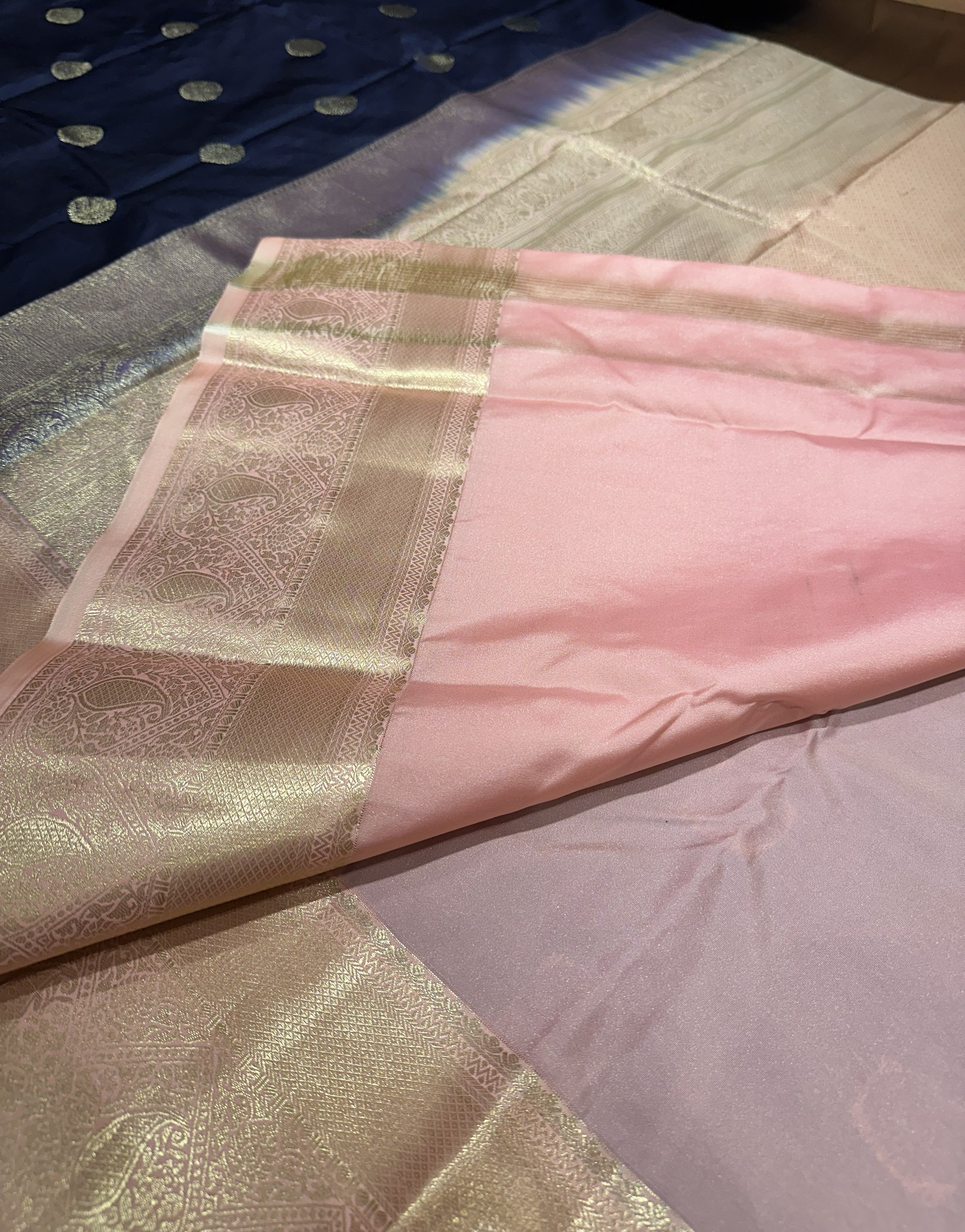 Premium Navy Blue Semi Kanjivaram Silk Saree With Baby Pink Contrast