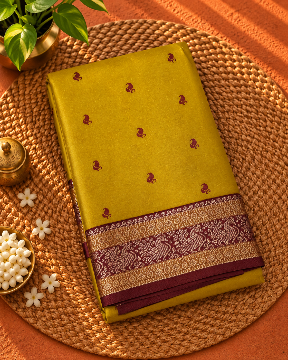 Mustard Yellow Colour Semi Kanchi Silk Saree with Maroon Red Contrast NSS176