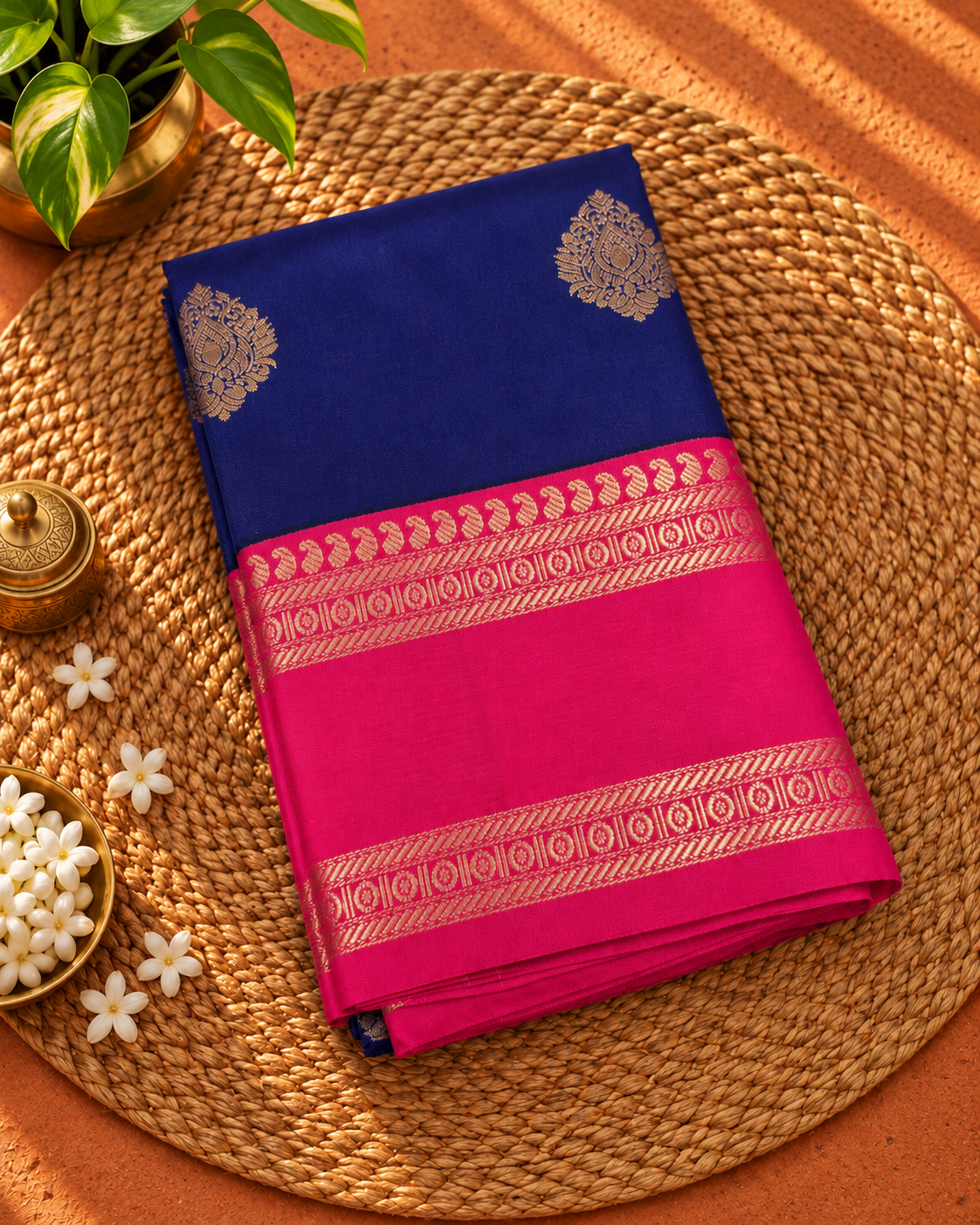 Royal Blue Colour Semi Kanchipuram Silk Saree with Pink Contrast