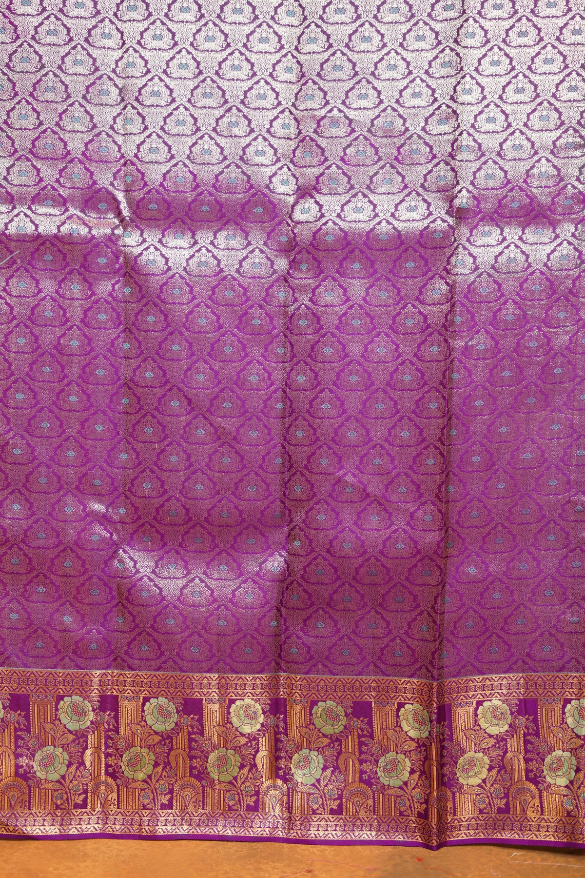 Pastel Green colour Pure Kanjivaram Silk Saree with Purple contrast
