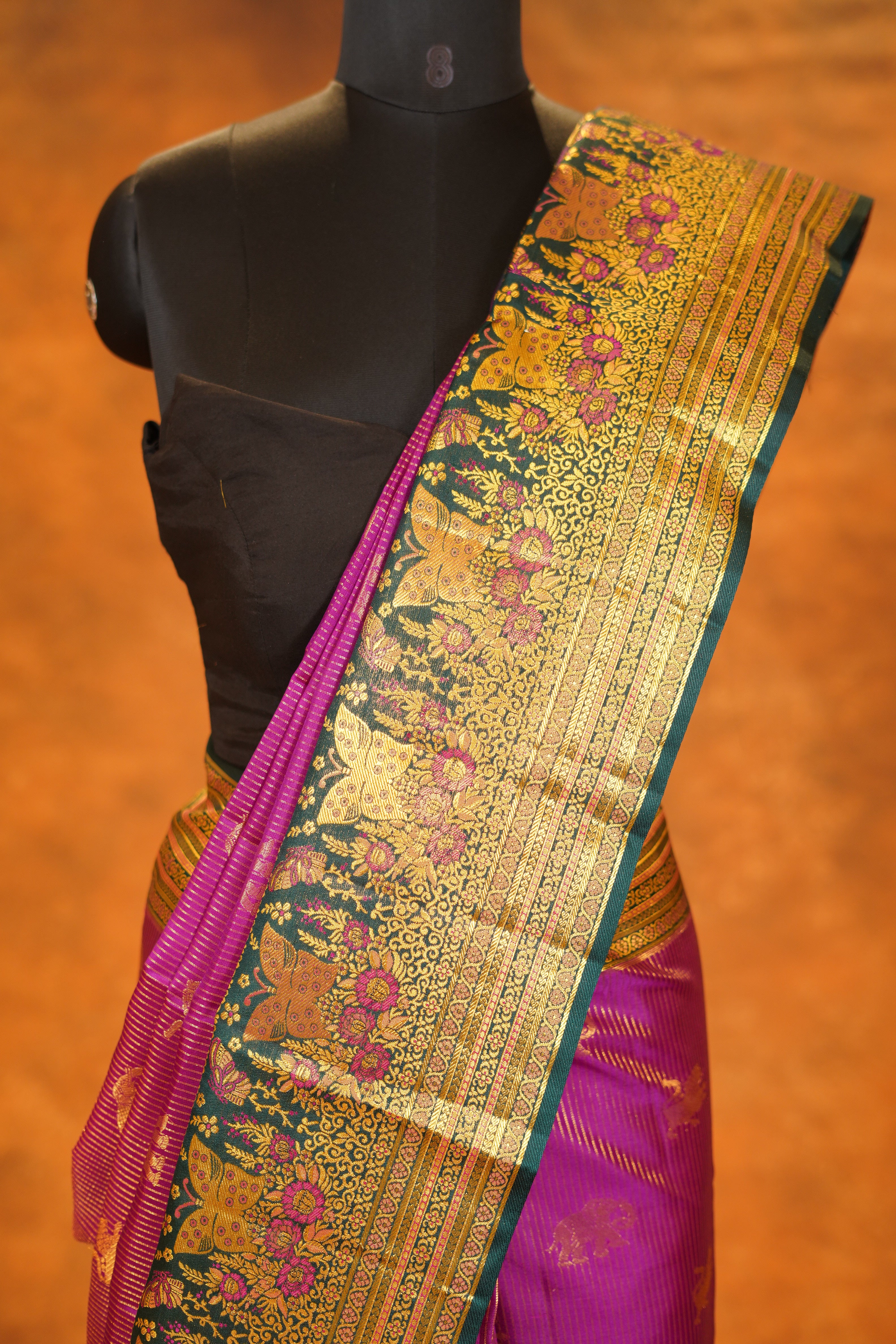 Magenta Pink Pure Kanjivaram Silk Saree with Bottle Green Contrast