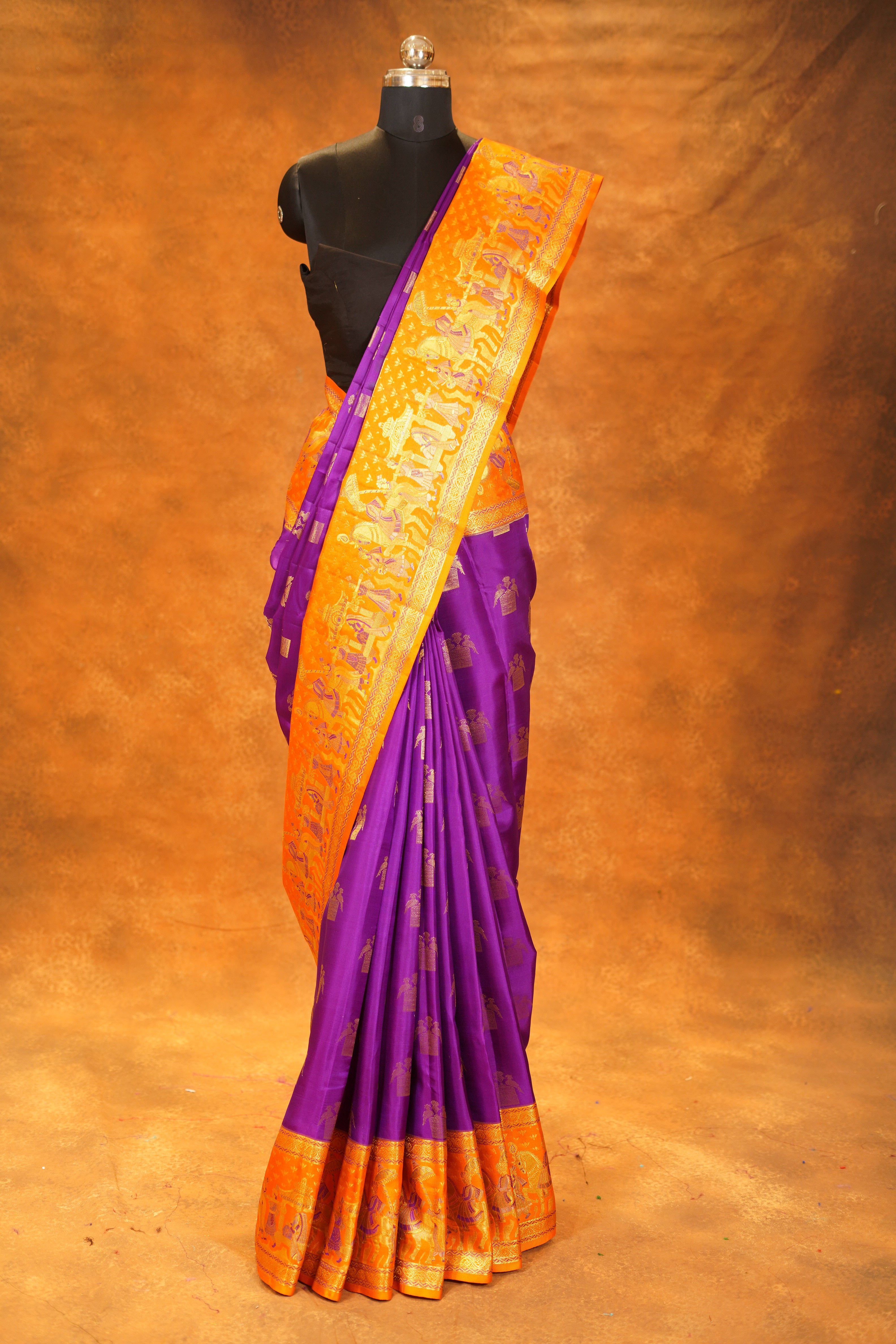 Magenta Colour Pure Kanjivaram Silk Saree with Orange Contrast