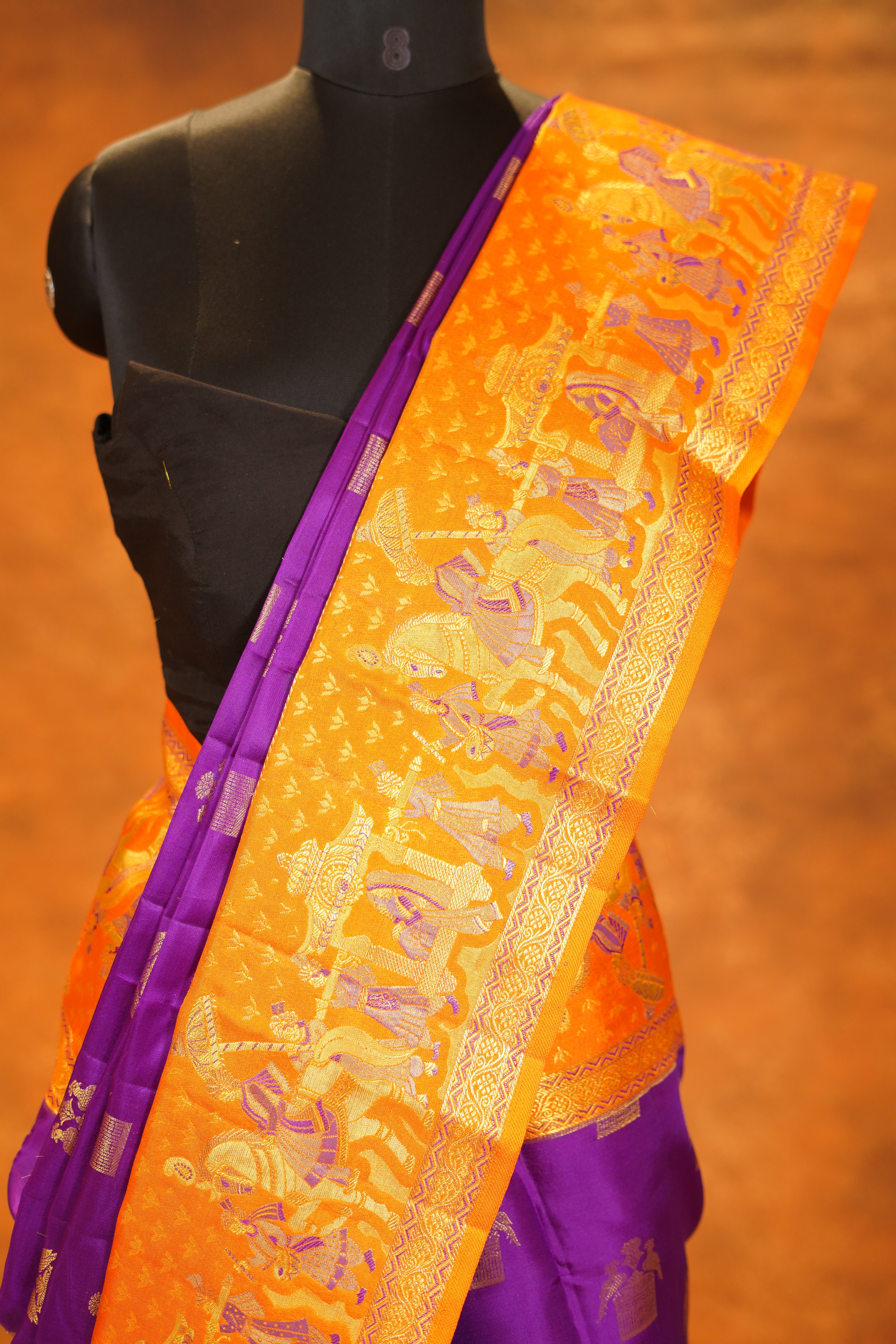 Magenta Colour Pure Kanjivaram Silk Saree with Orange Contrast