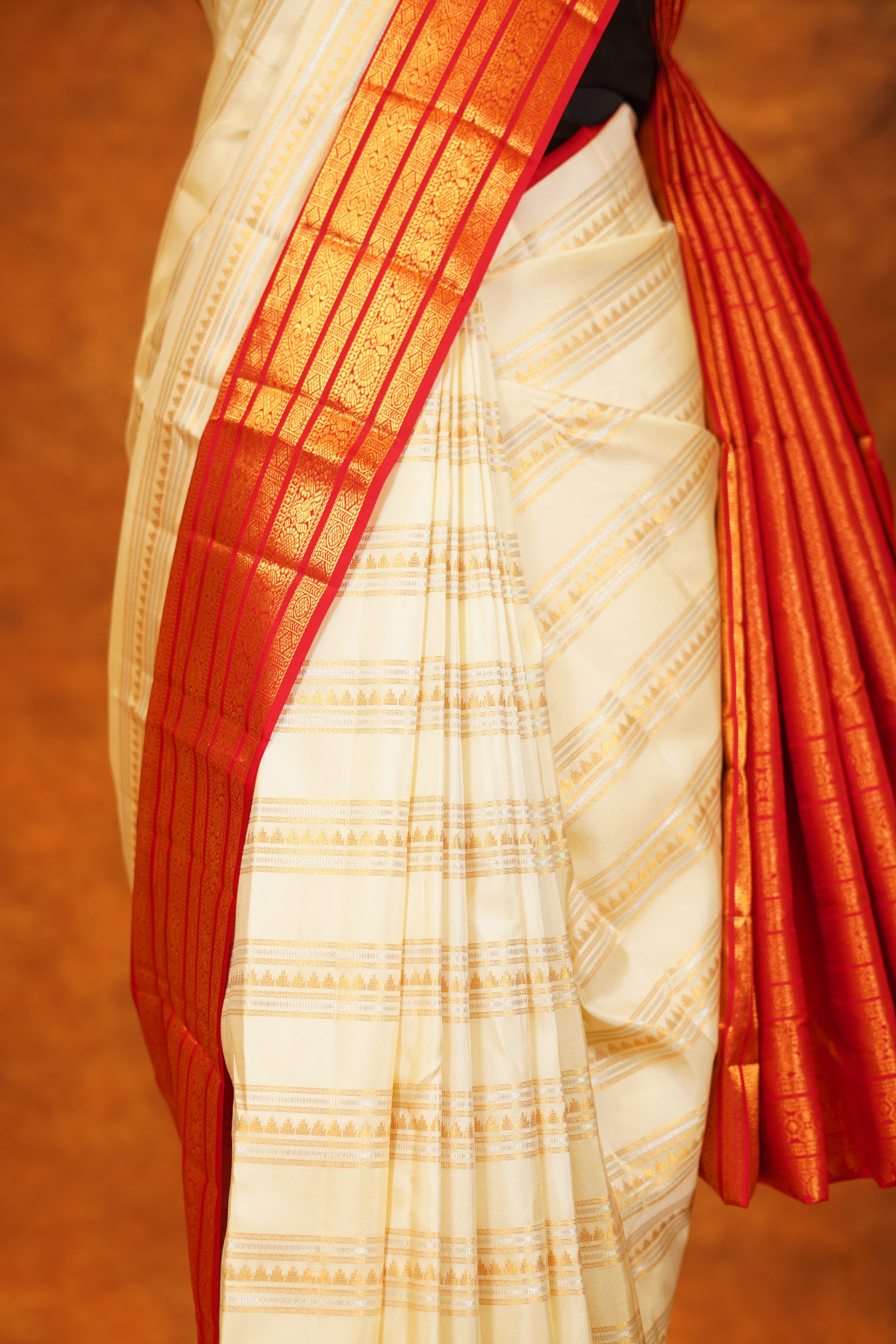 Cream Colour Pure Kanjivaram Silk Saree with Red Contrast