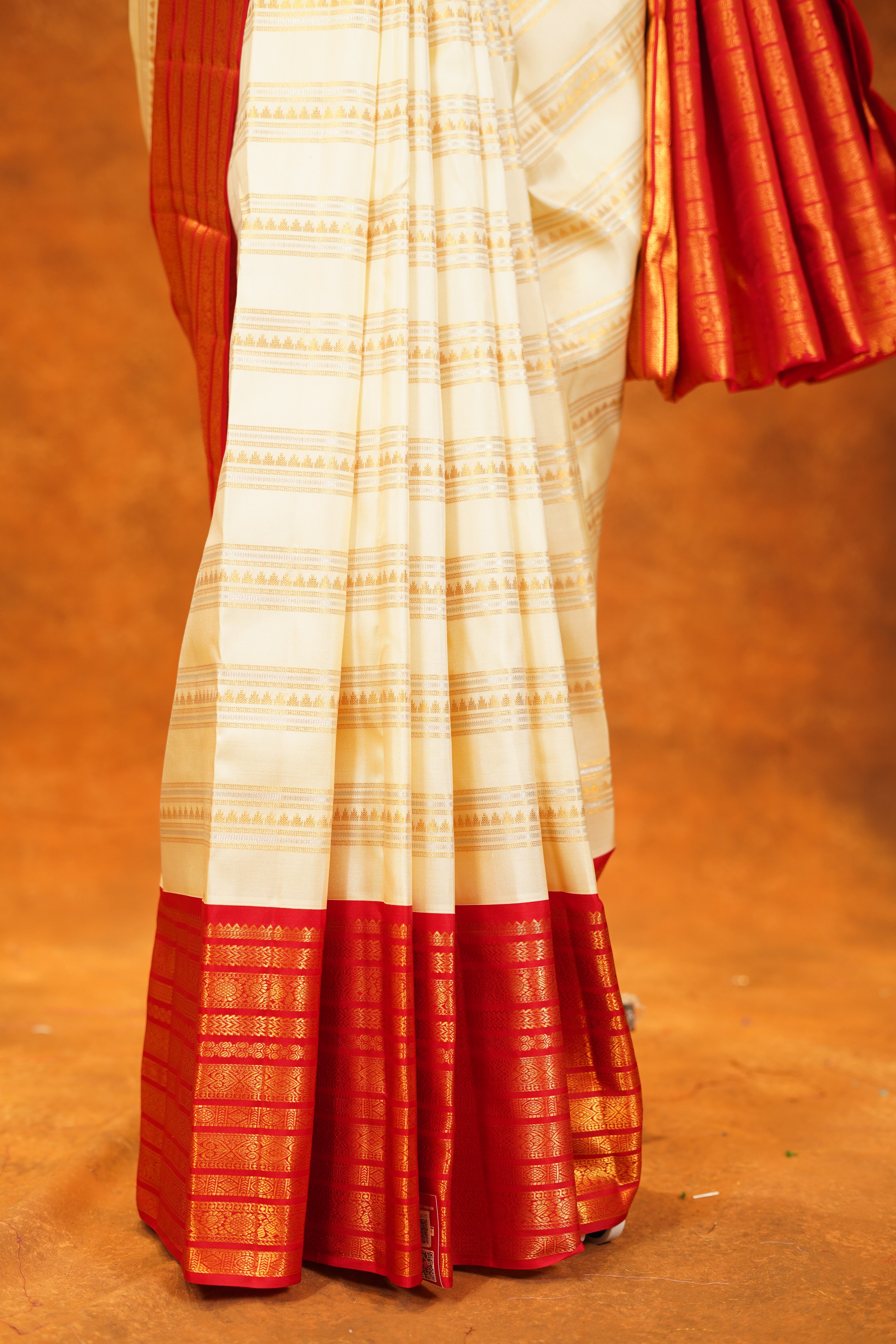Cream Colour Pure Kanjivaram Silk Saree with Red Contrast