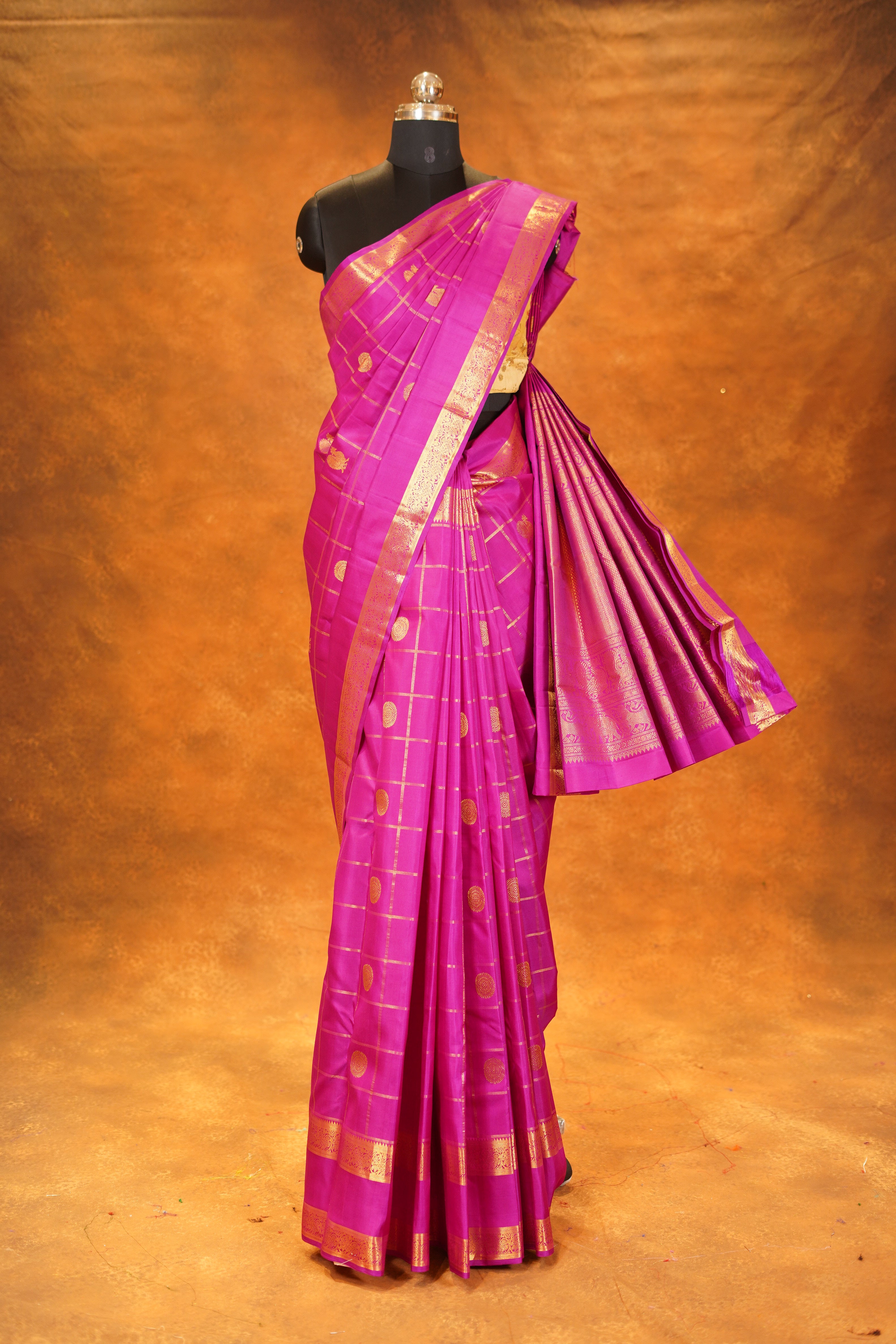 Rani Pink Colour Checked Pure Kanjivaram Silk Saree
