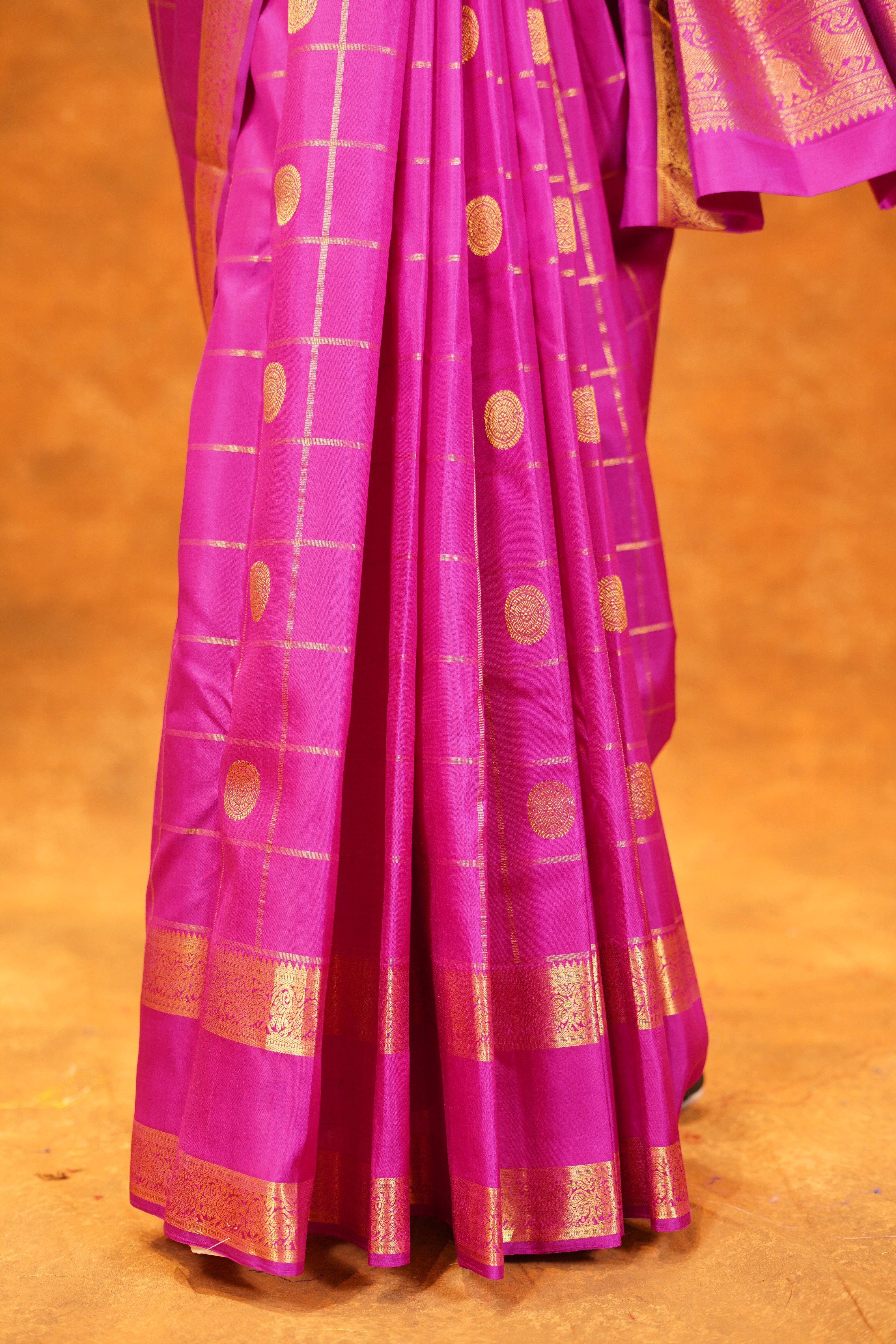 Rani Pink Colour Checked Pure Kanjivaram Silk Saree