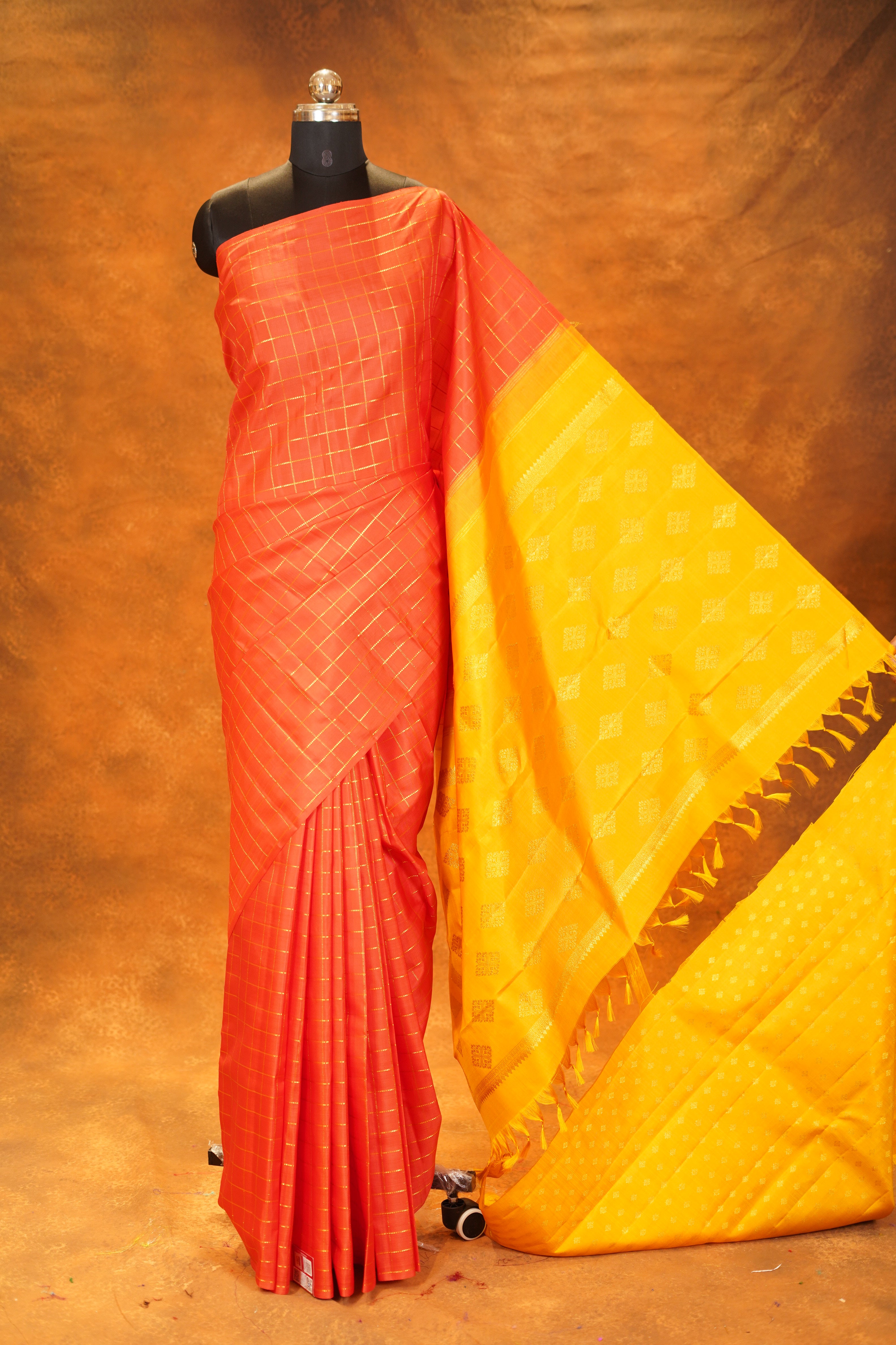 Dark Peach Shade Checked Pure Kanjivaram Silk Saree with Yellow Contrast Pallu