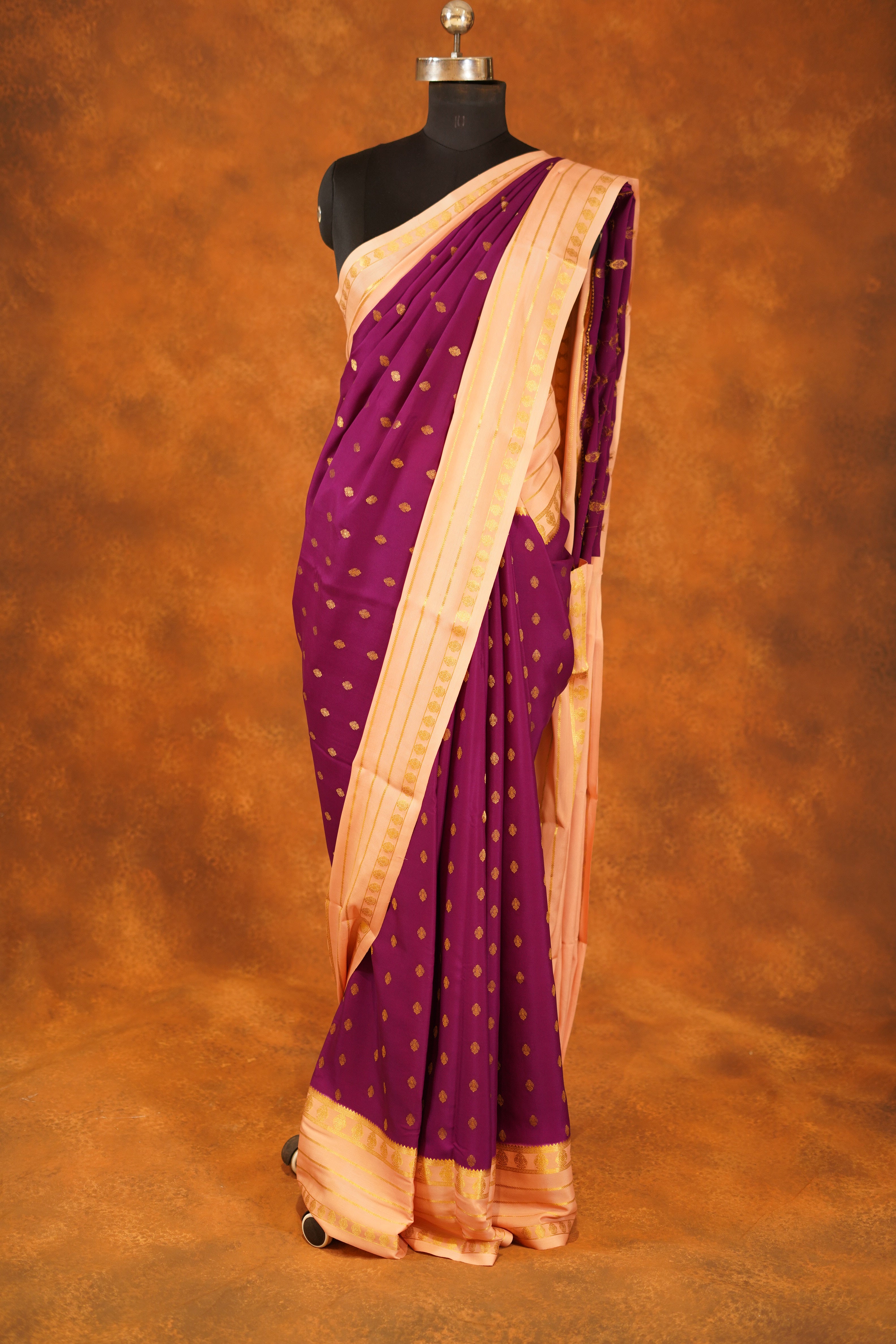 Violet colour 120 GSM Pure Mysore Silk Saree With light Peach Contrast