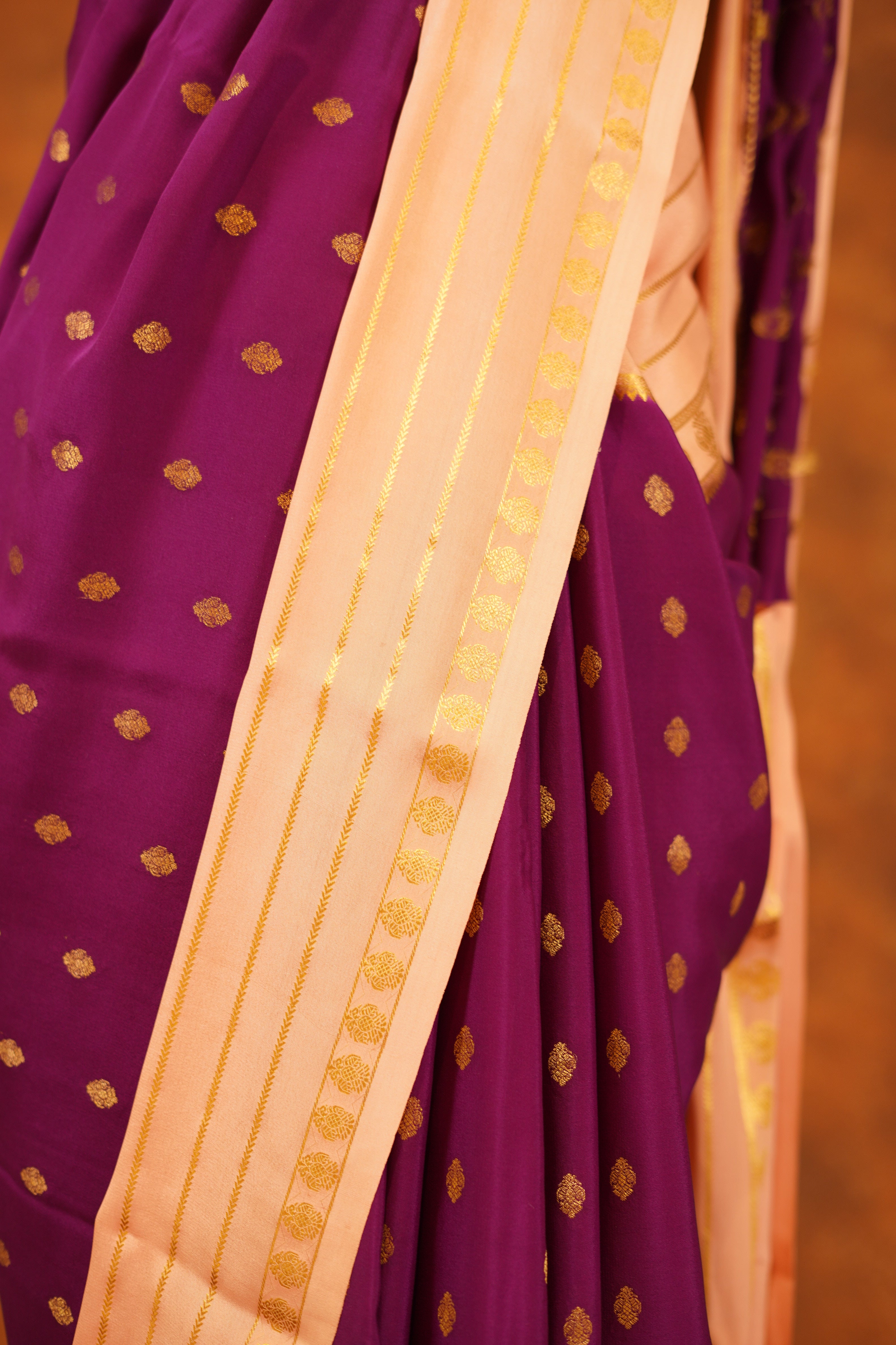 Violet colour 120 GSM Pure Mysore Silk Saree With light Peach Contrast