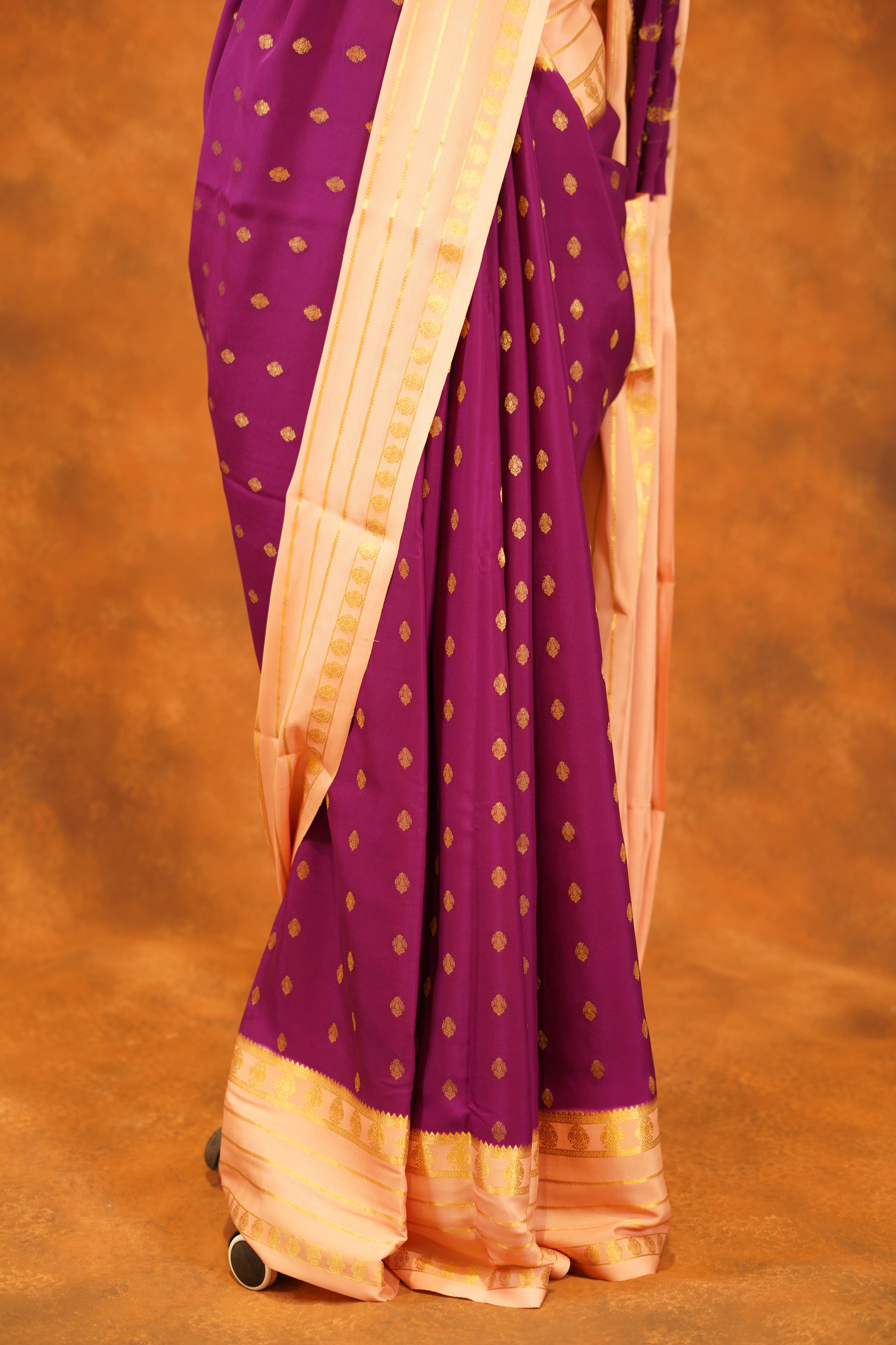 Violet colour 120 GSM Pure Mysore Silk Saree With light Peach Contrast