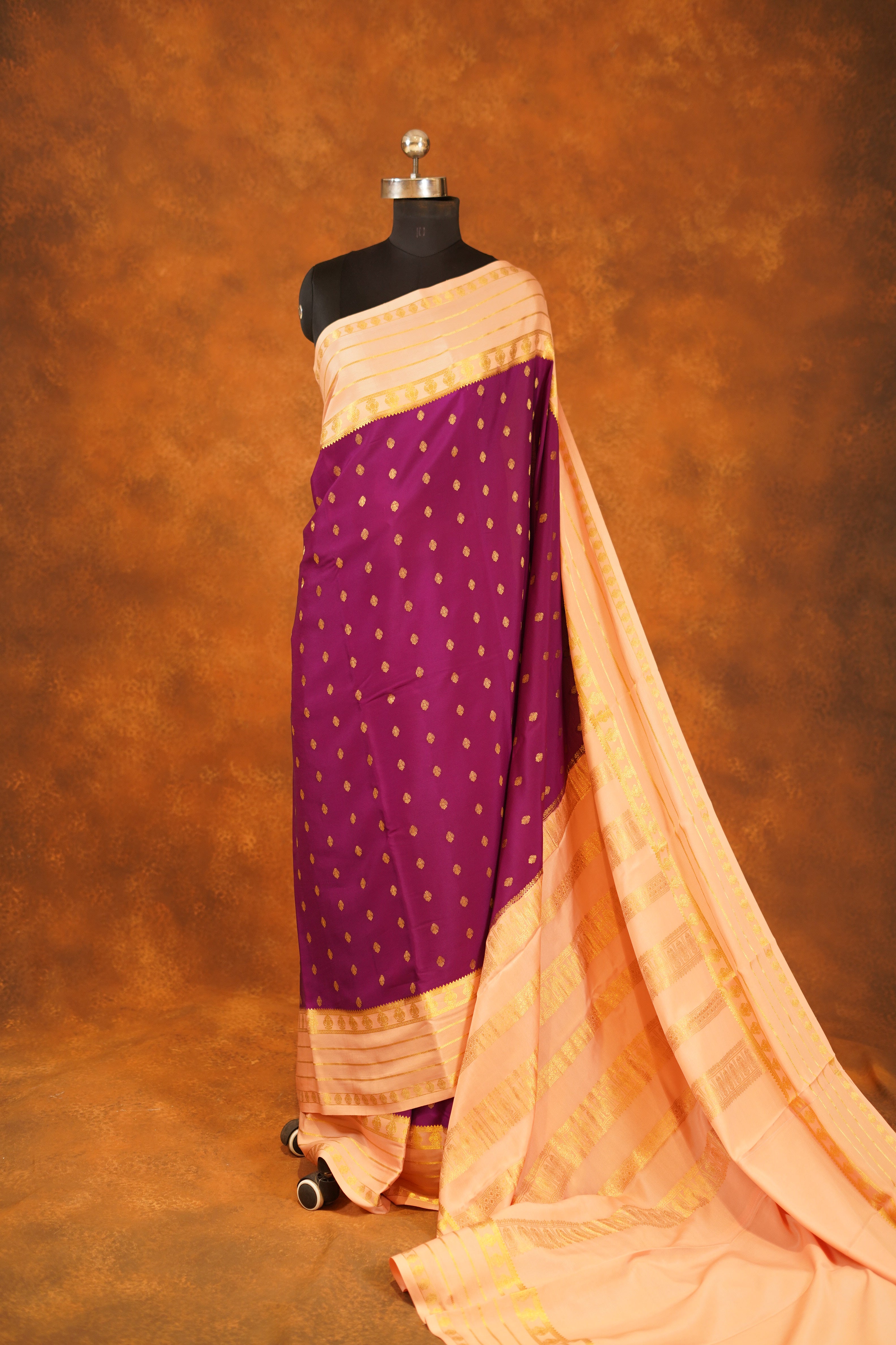 Violet colour 120 GSM Pure Mysore Silk Saree With light Peach Contrast
