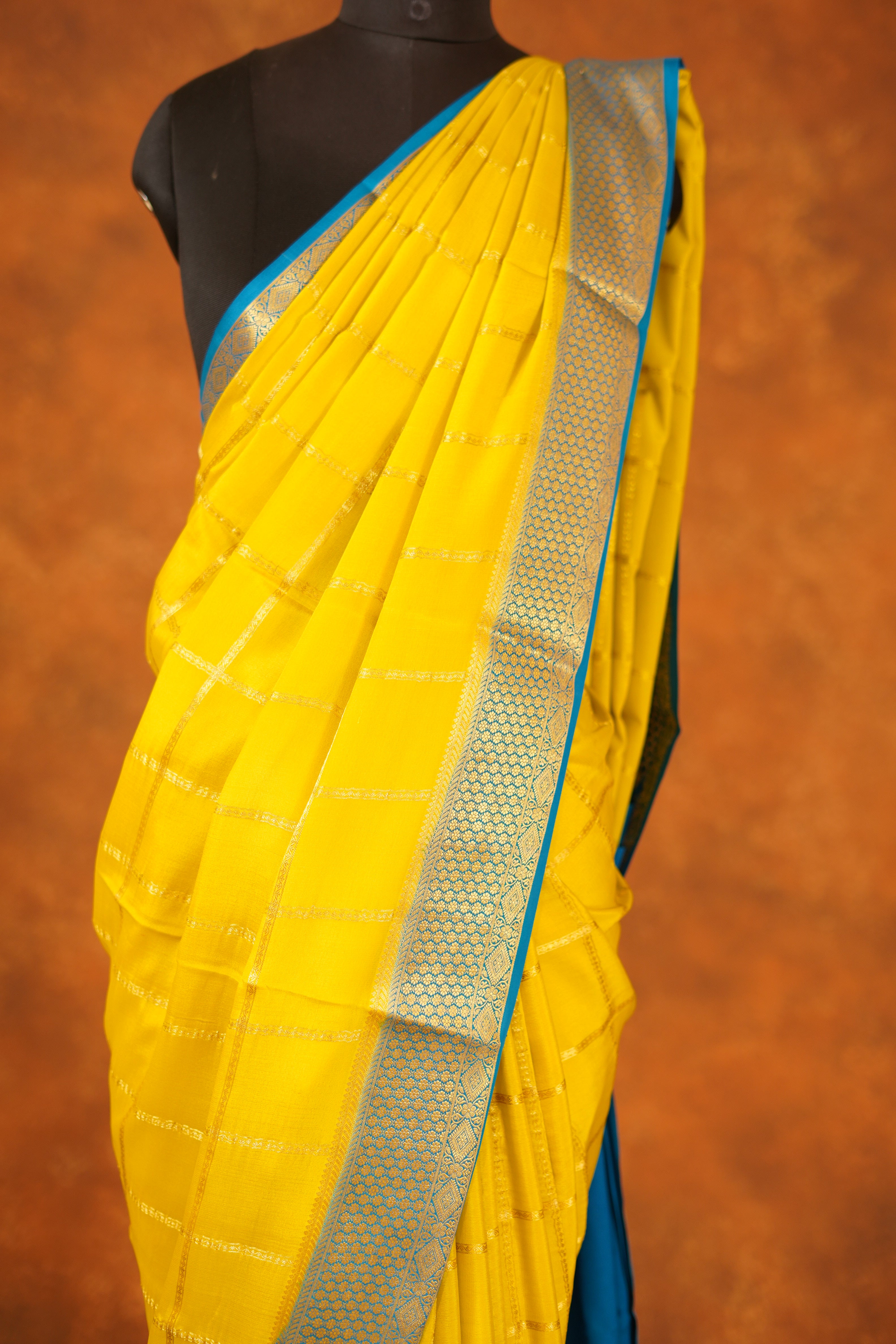 Lime Green colour 120 GSM Pure Mysore Silk Saree With Blue Contrast