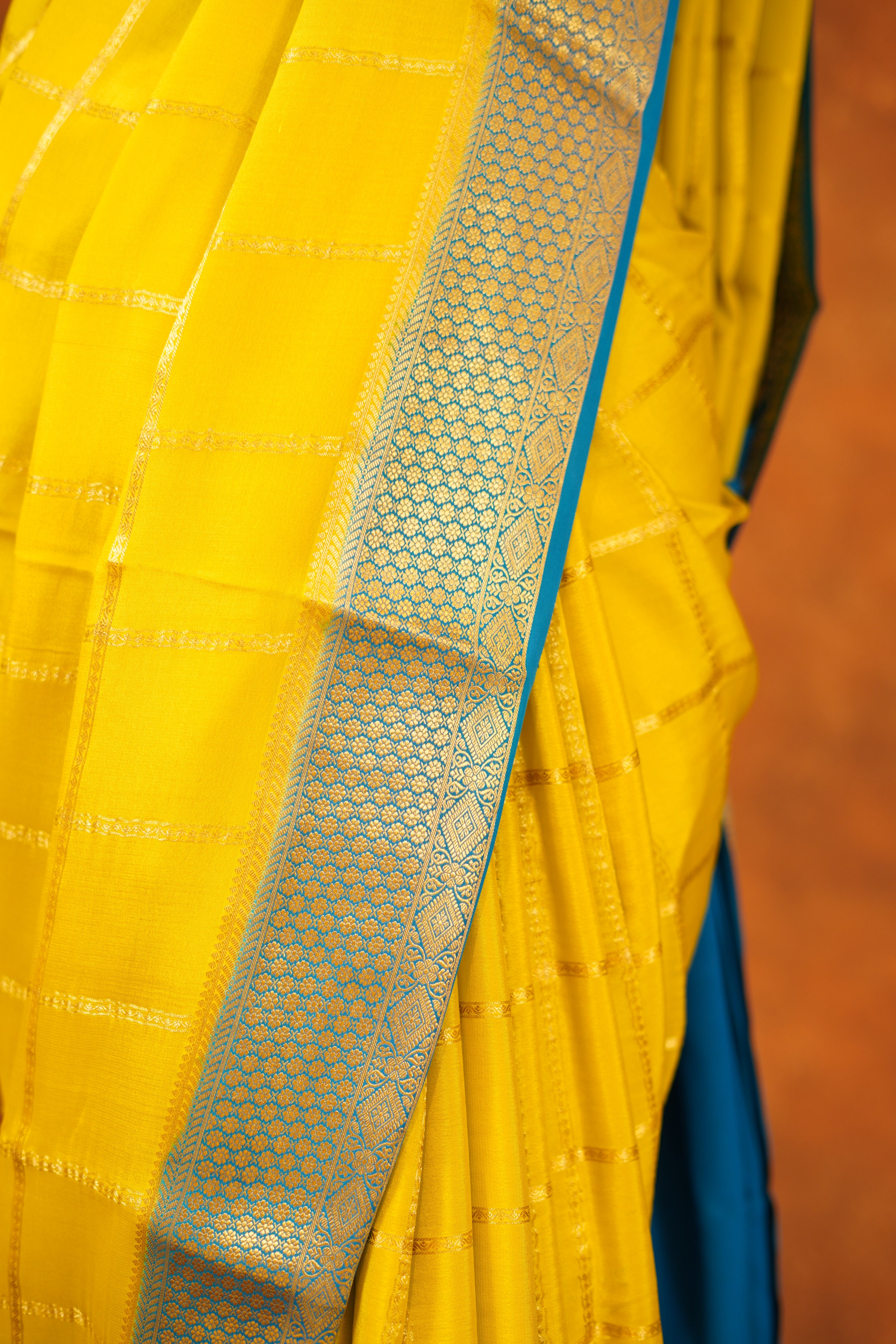 Lime Green colour 120 GSM Pure Mysore Silk Saree With Blue Contrast