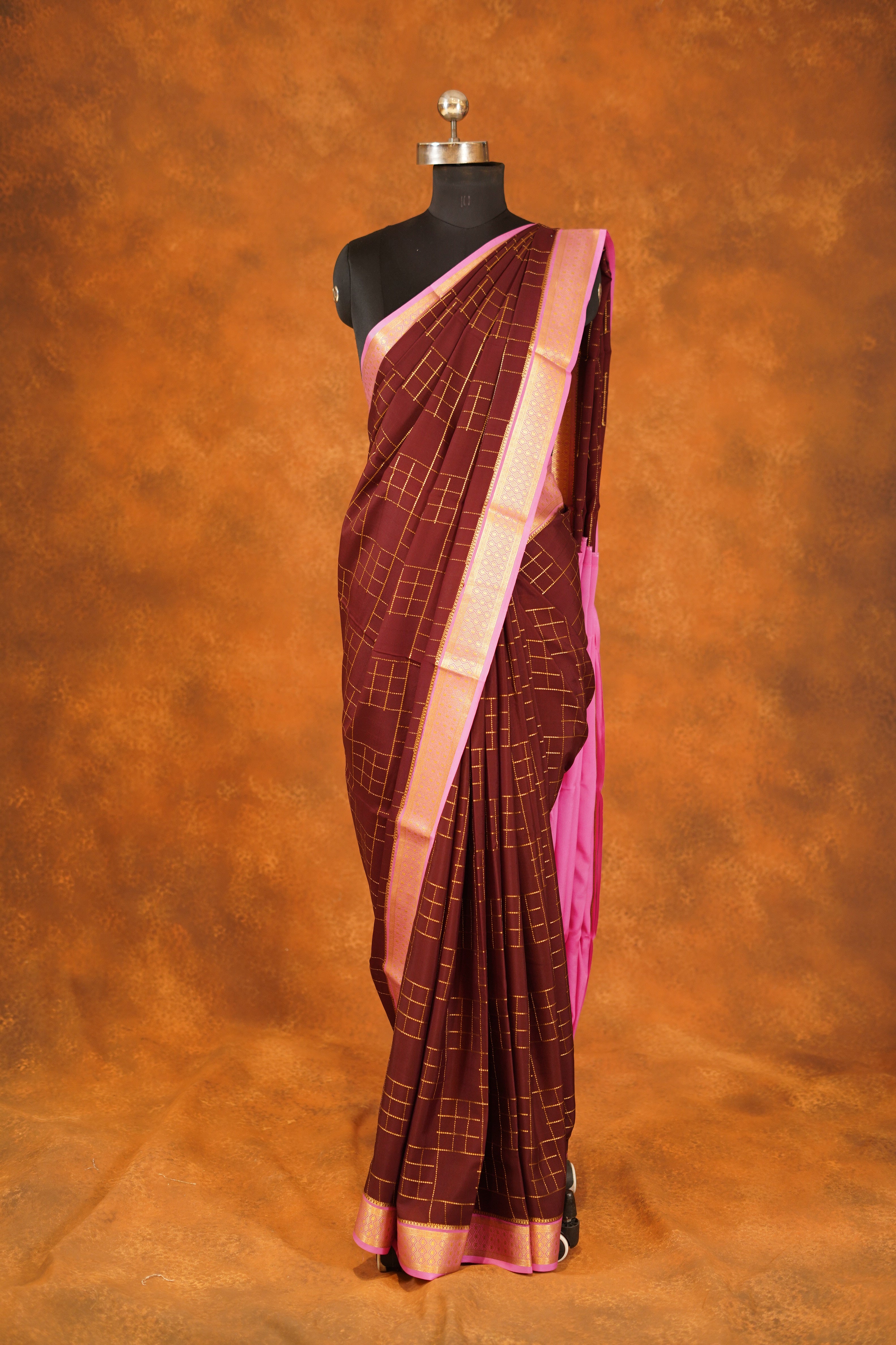 Brown Colour 120gsm Pure Mysore Silk Saree with Baby Pink Contrast