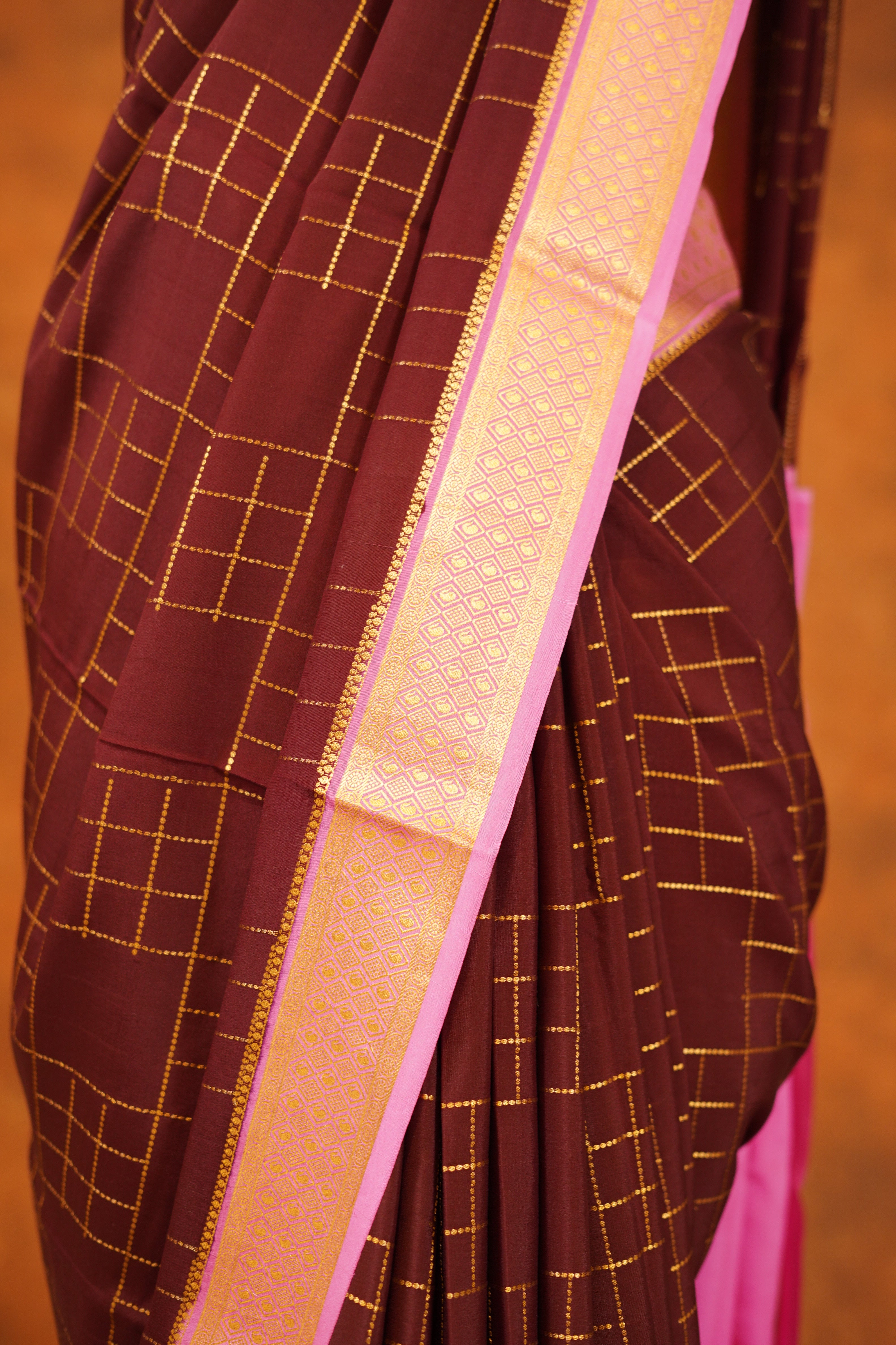 Brown Colour 120gsm Pure Mysore Silk Saree with Baby Pink Contrast