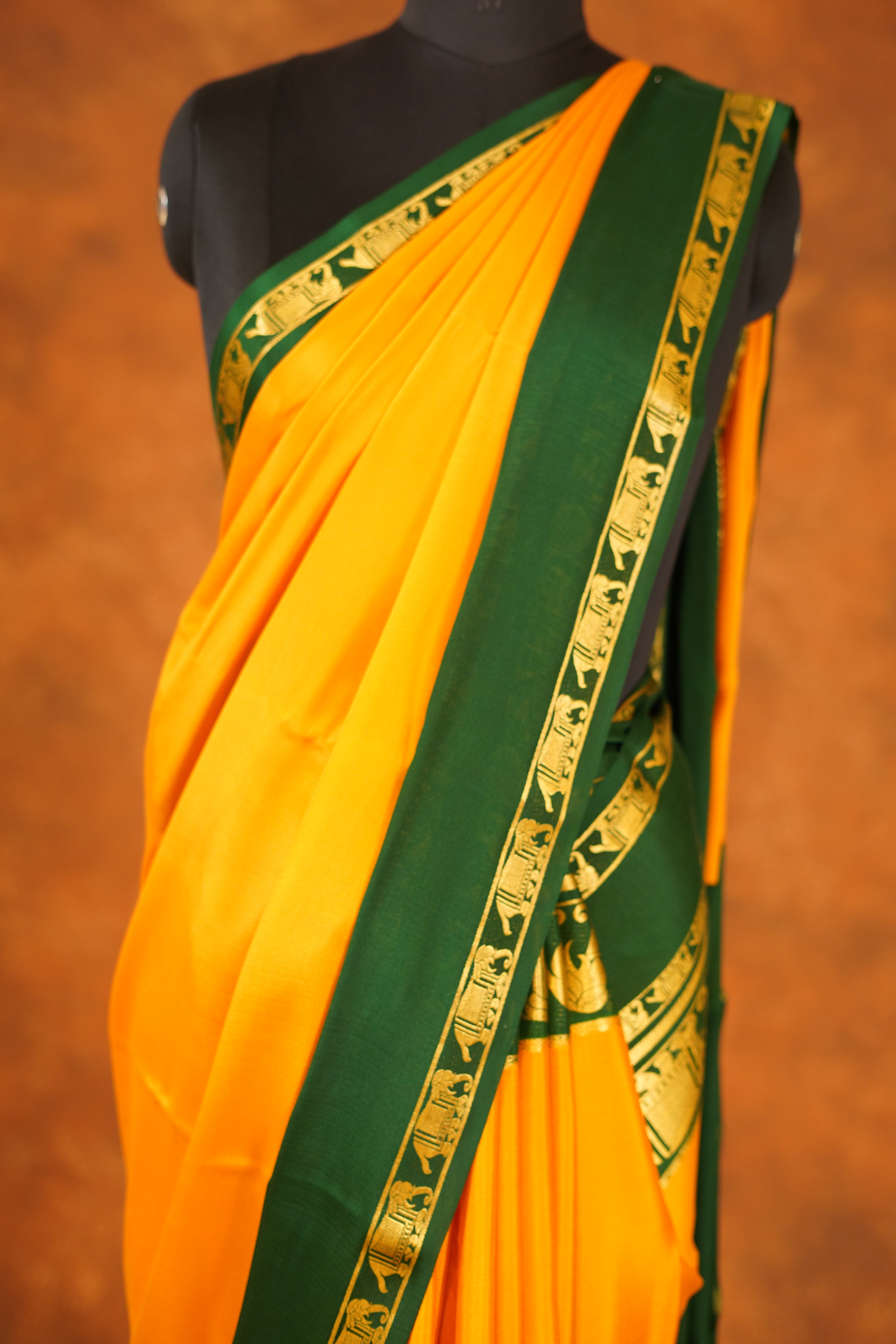 Yellow Colour Pure Mysore Silk Saree With Bottle Green Contrast