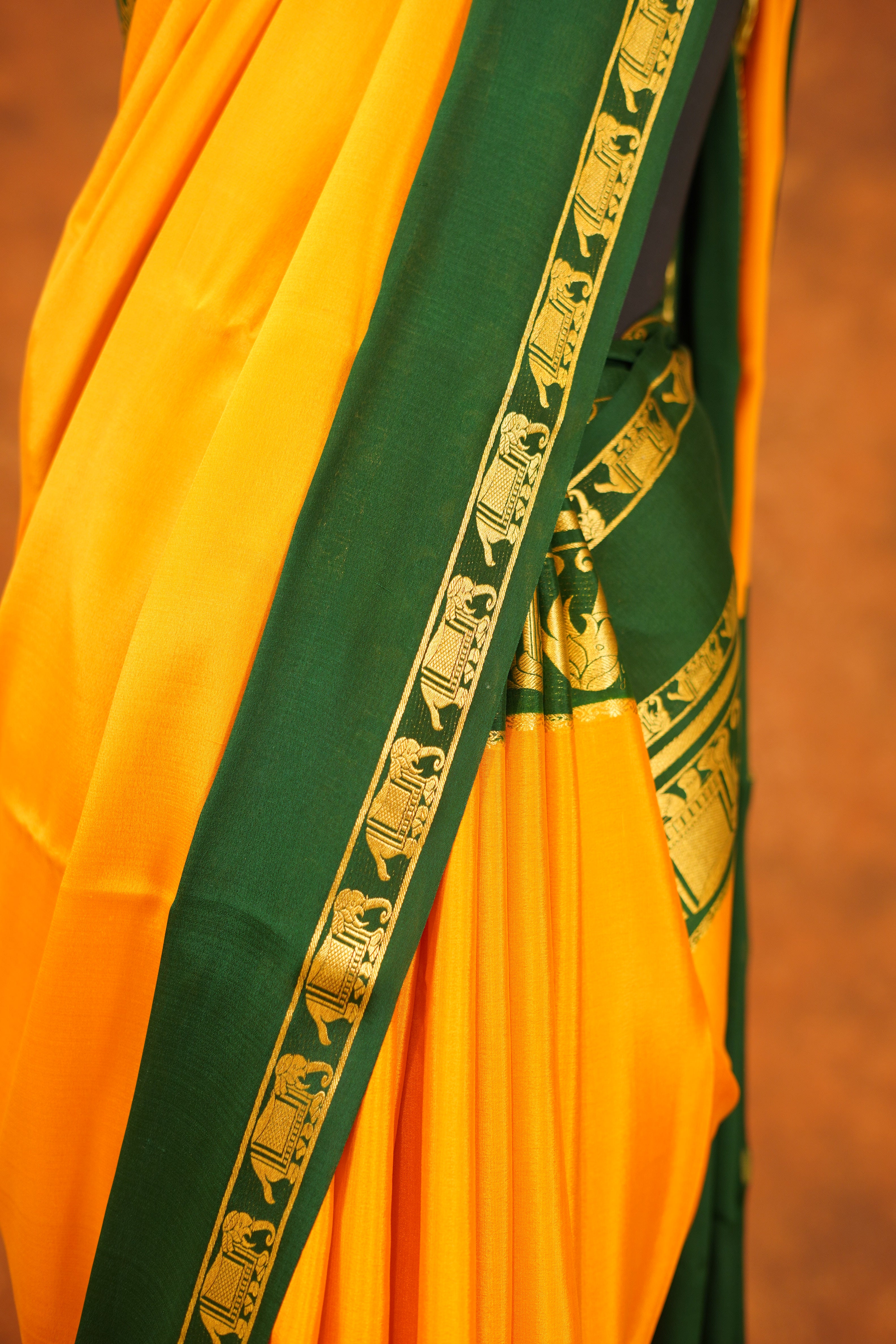 Yellow Colour Pure Mysore Silk Saree With Bottle Green Contrast