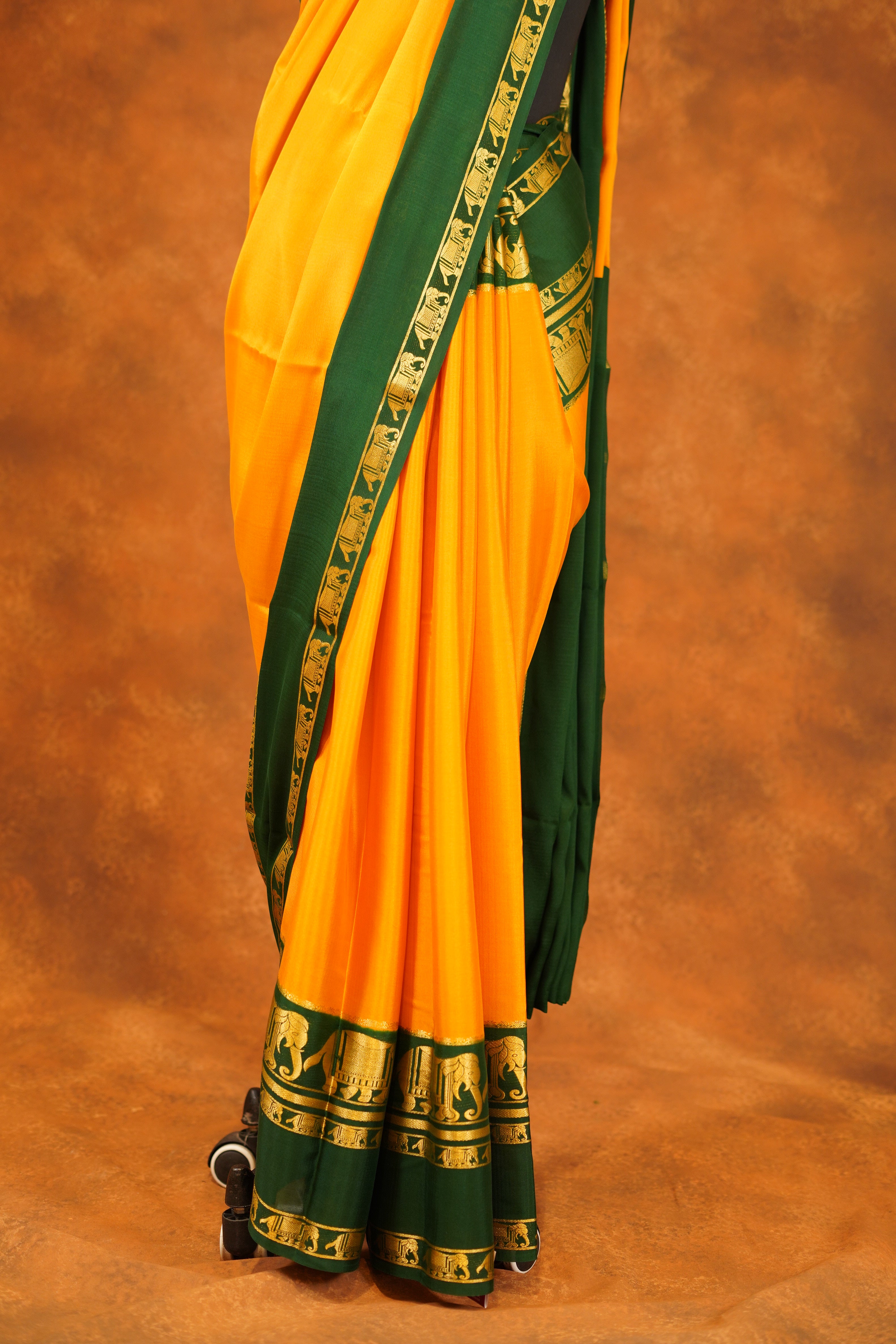Yellow Colour Pure Mysore Silk Saree With Bottle Green Contrast
