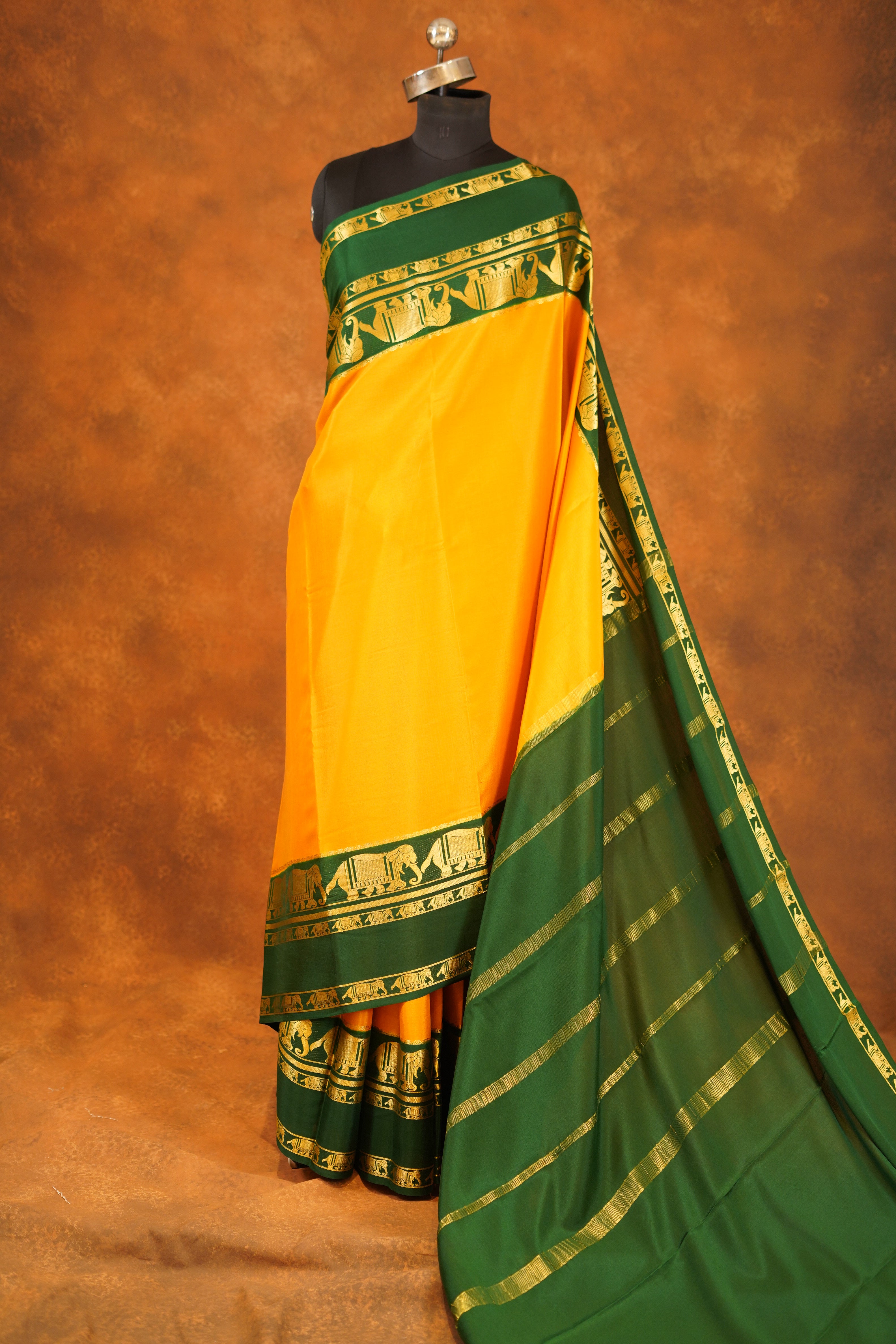 Yellow Colour Pure Mysore Silk Saree With Bottle Green Contrast