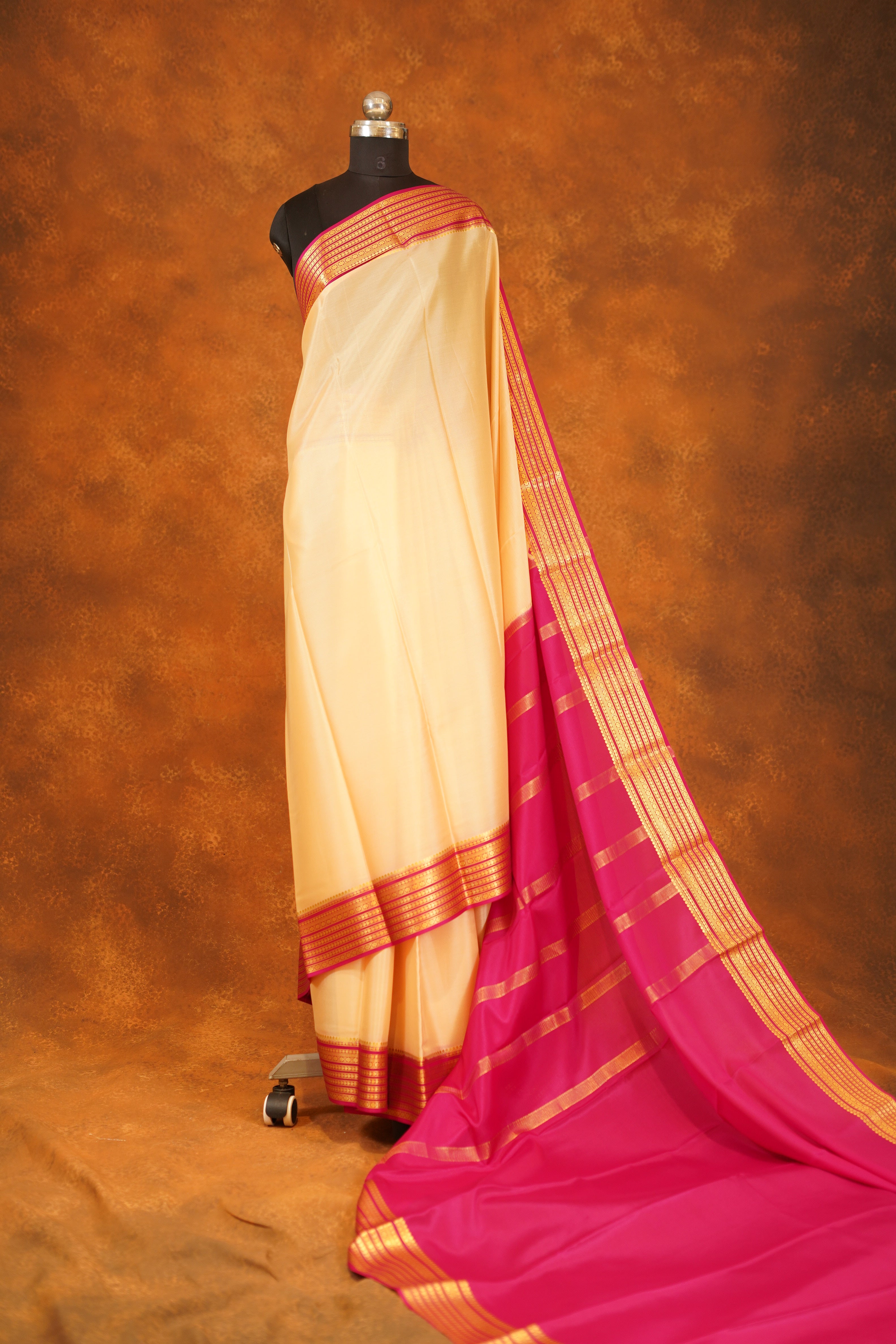 Sandal shaded 60 gsm Pure Mysore Silk saree with Pink contrast