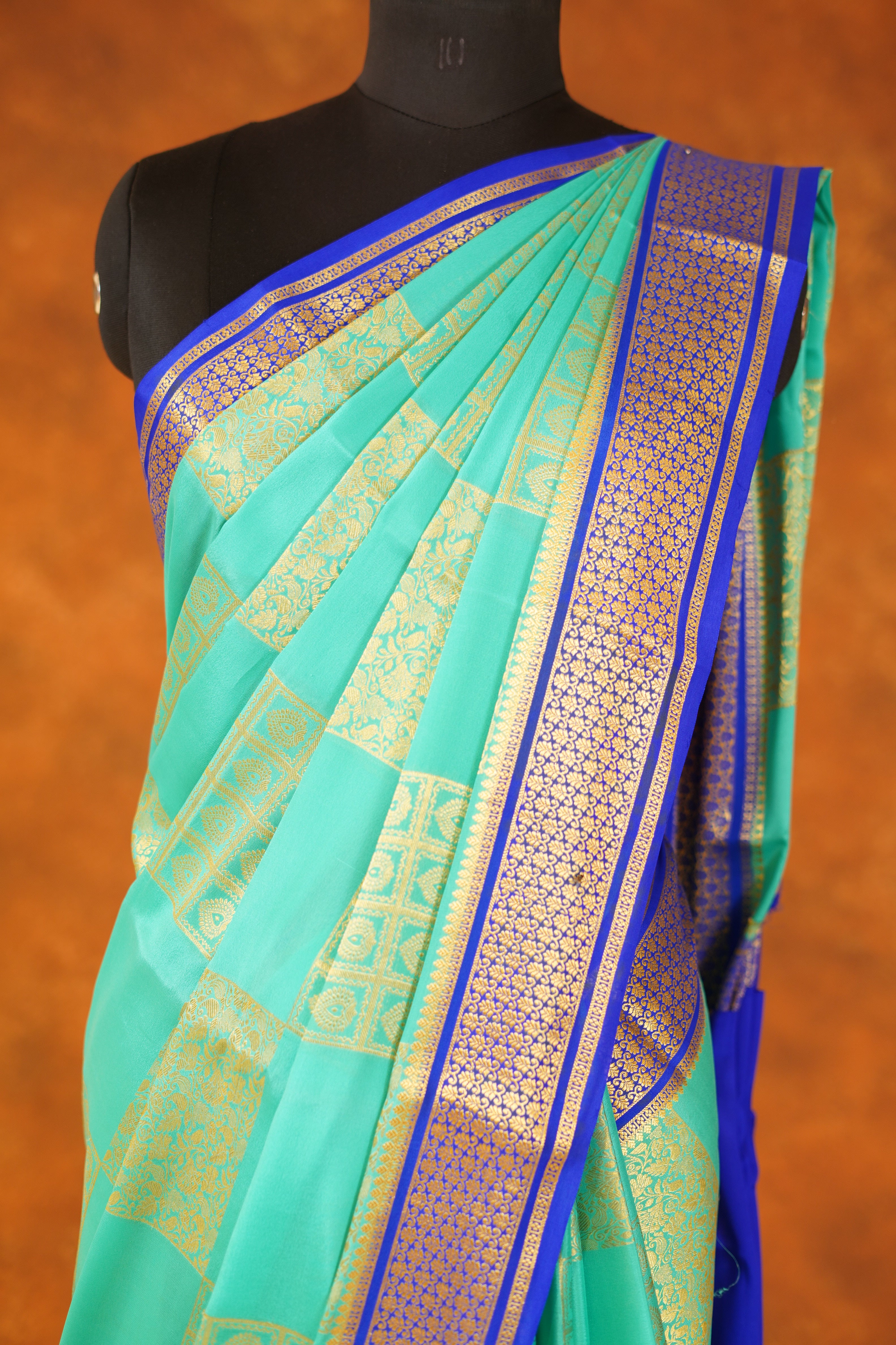 Rama Blue Colour 120 GSM Pure Mysore Silk Saree With Royal Blue Contrast
