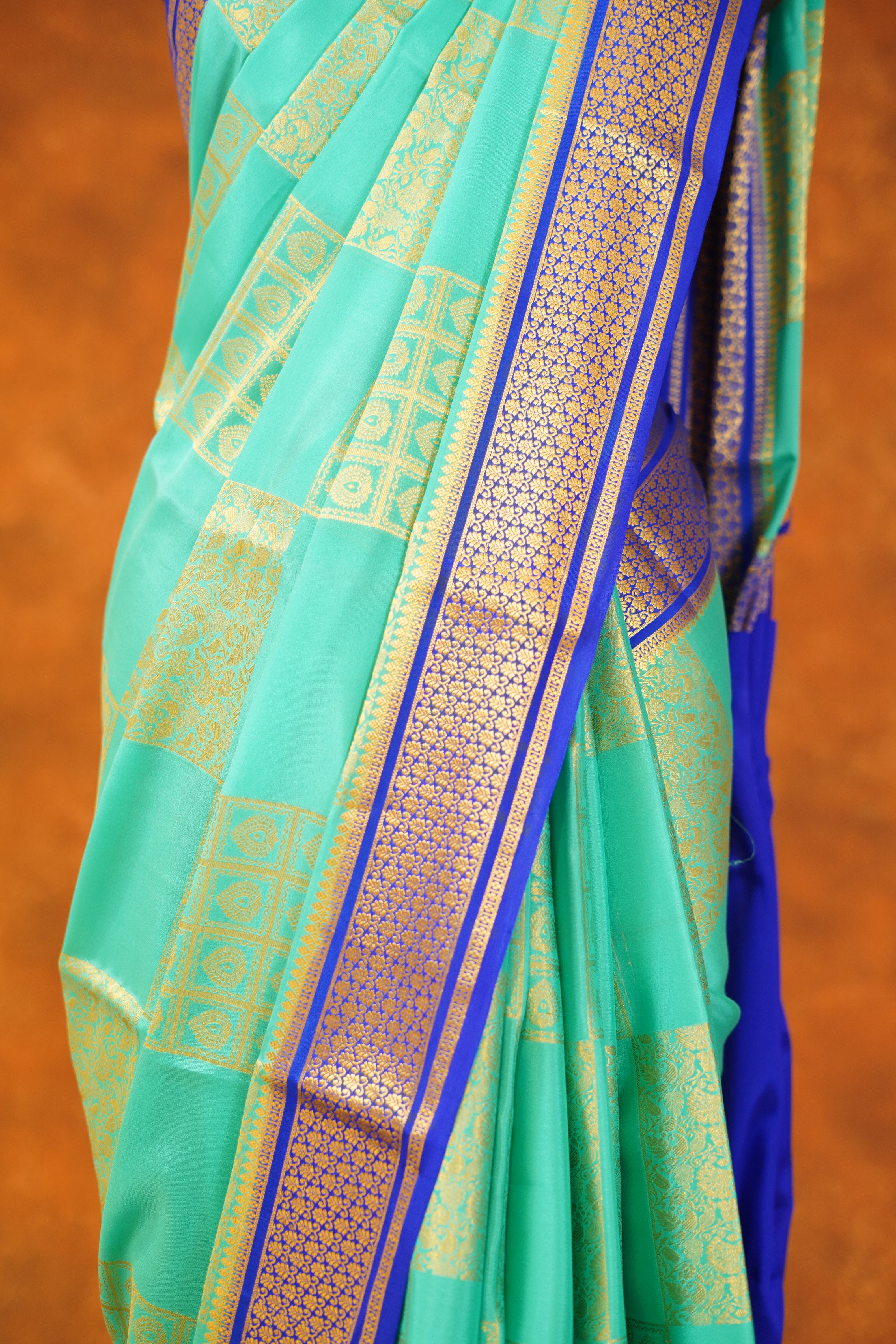 Rama Blue Colour 120 GSM Pure Mysore Silk Saree With Royal Blue Contrast