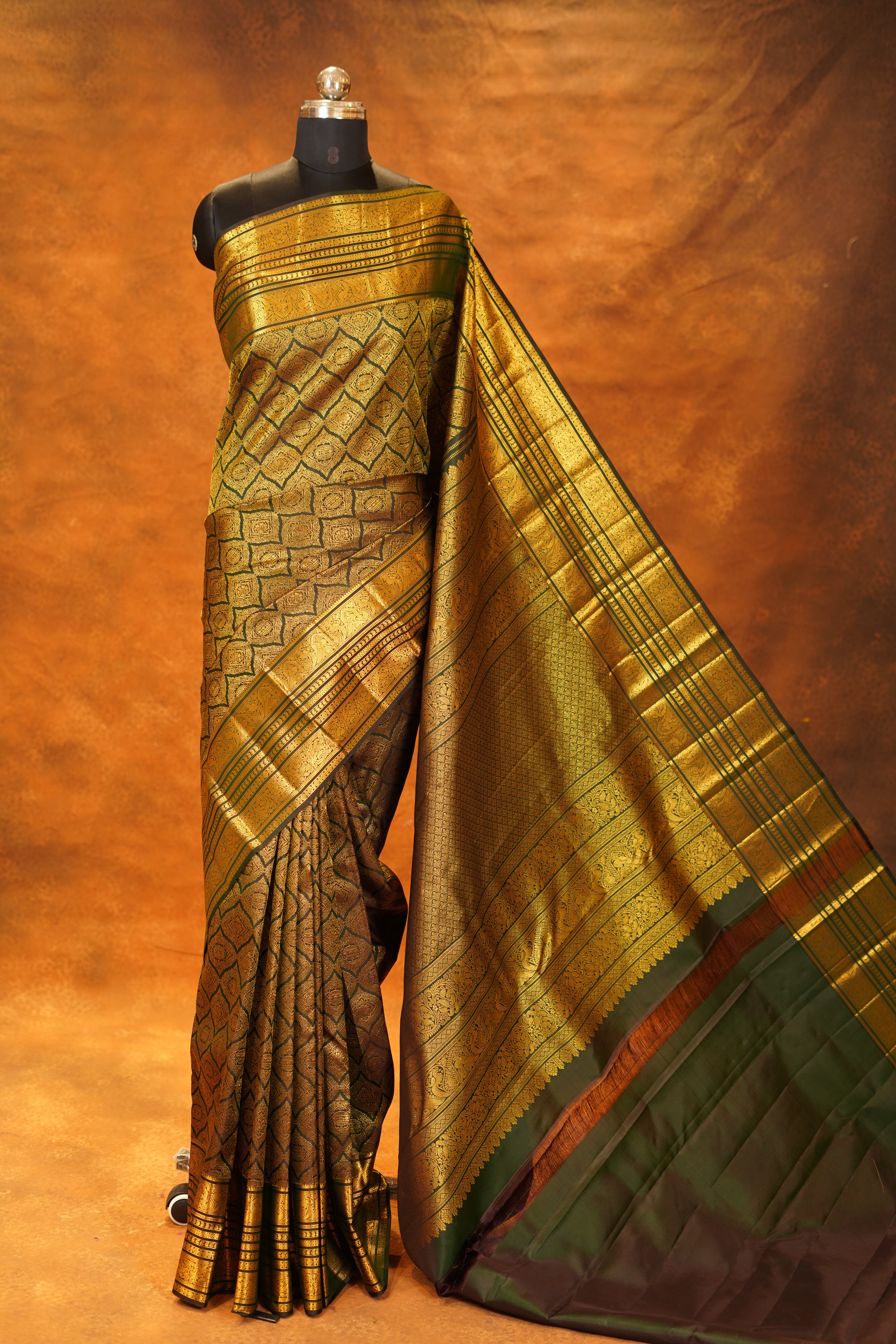 Rich Green Shaded Pure Kanjivaram Silk Saree with Brocade Golden Body