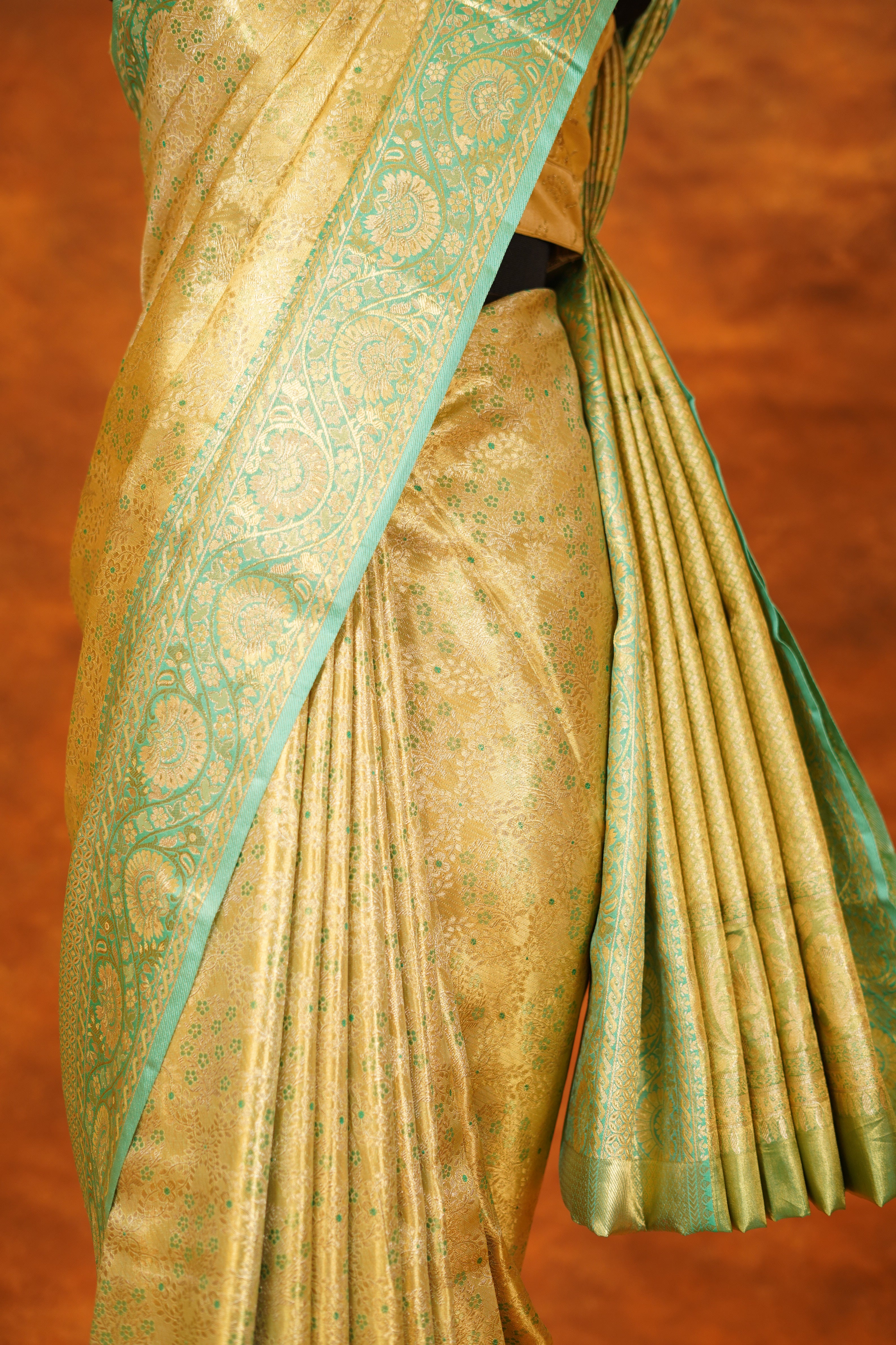Traditional Gold Colour Pure Kanjivaram Silk Saree With Pista Green Contrast