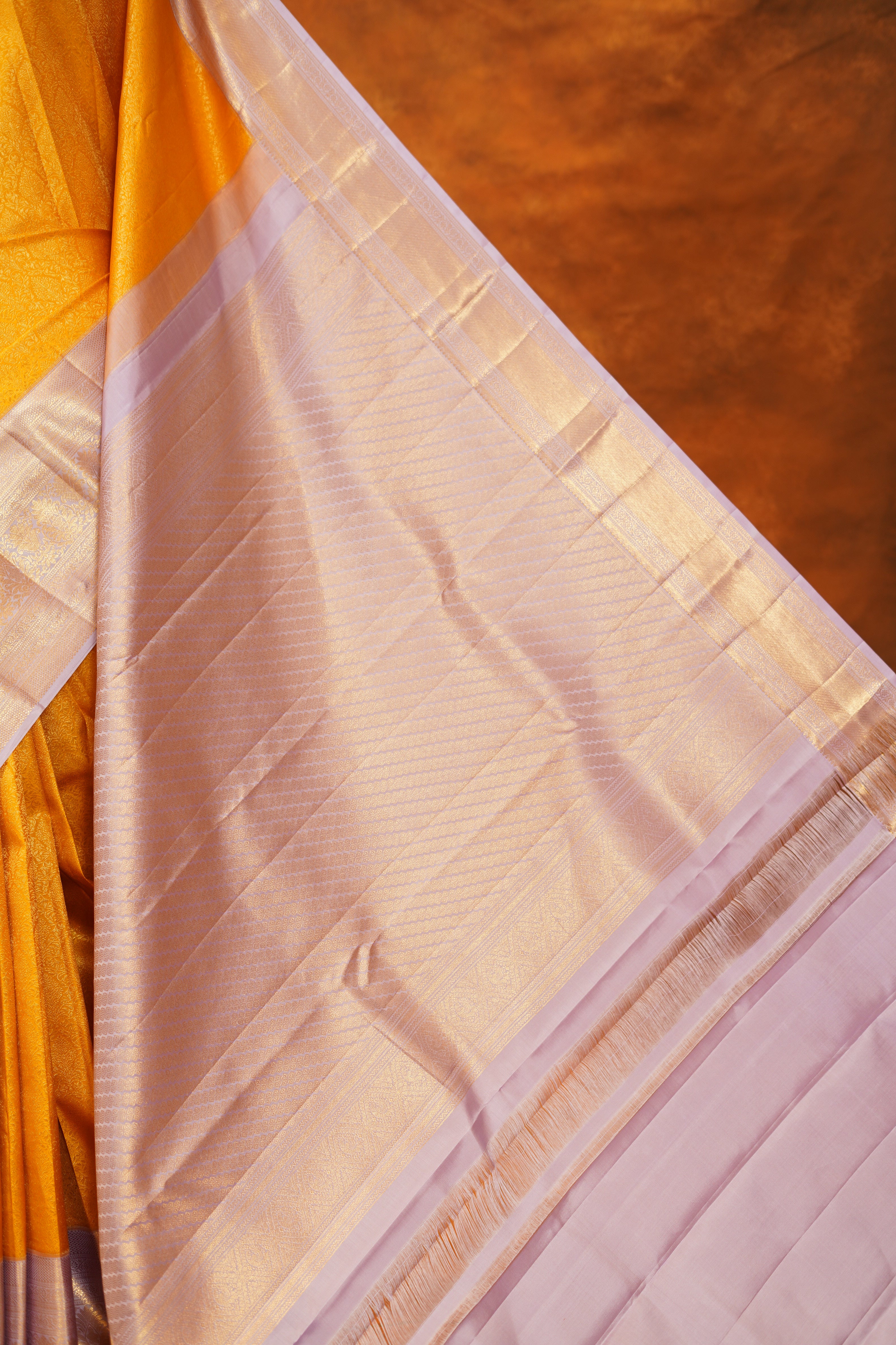 Elegant Yellow Colour Pure Kanjivaram Silk Saree With Lavender Contrast