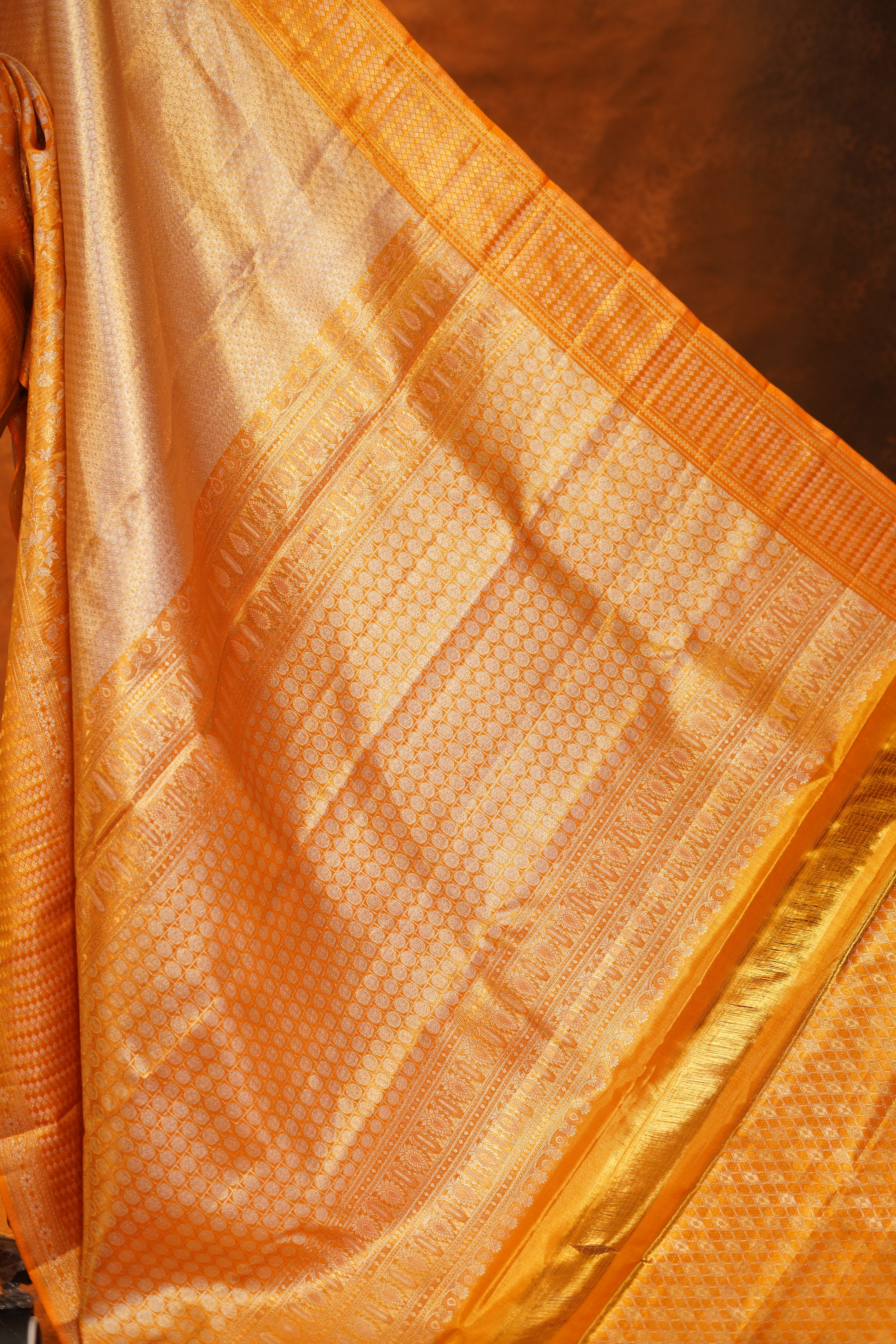 Rich Gold Colour Pure Kanjivaram Silk Saree With Orange Contrast
