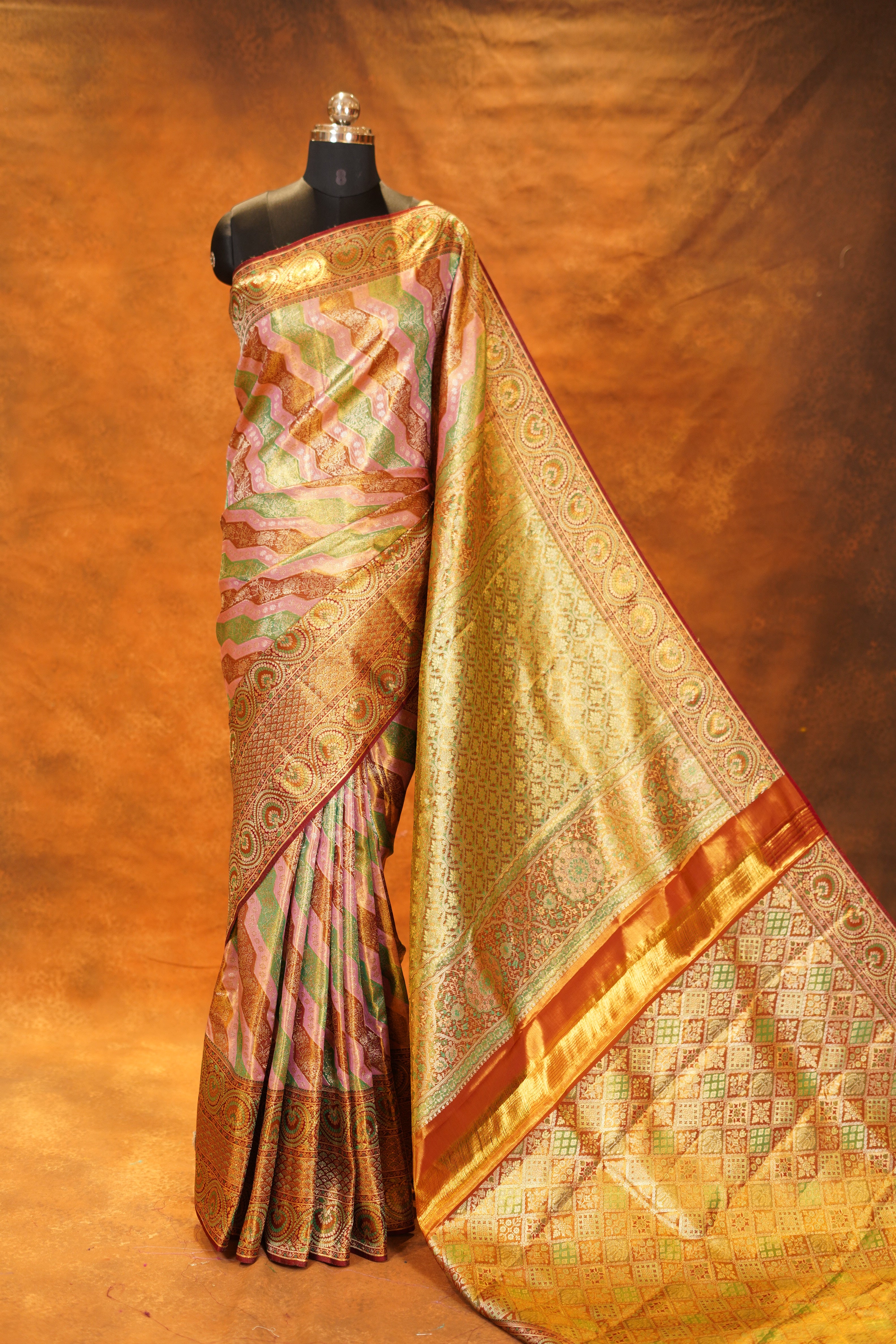 Multicolour Pure Kanjivaram Silk Saree with Brown Contrast