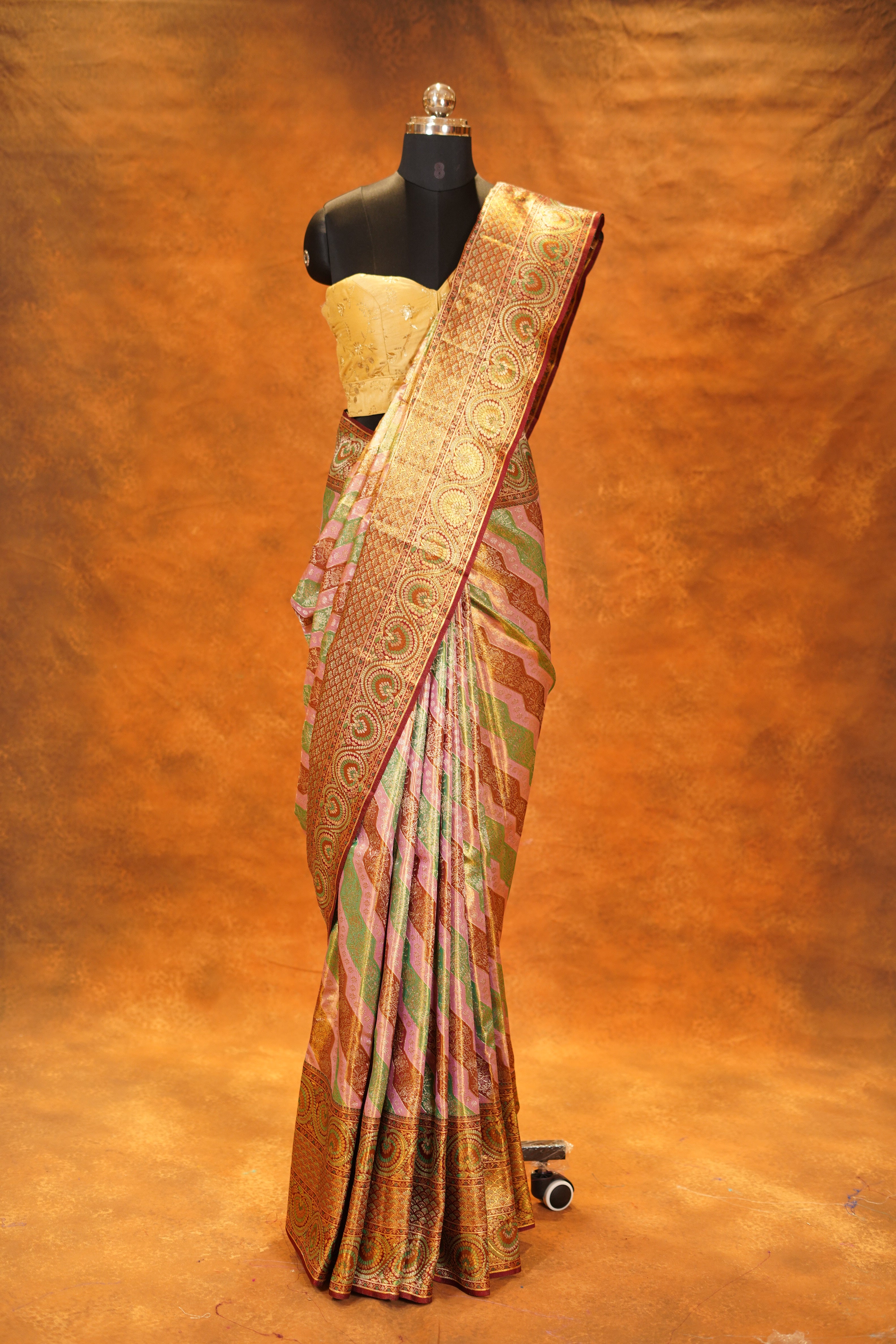 Multicolour Pure Kanjivaram Silk Saree with Brown Contrast