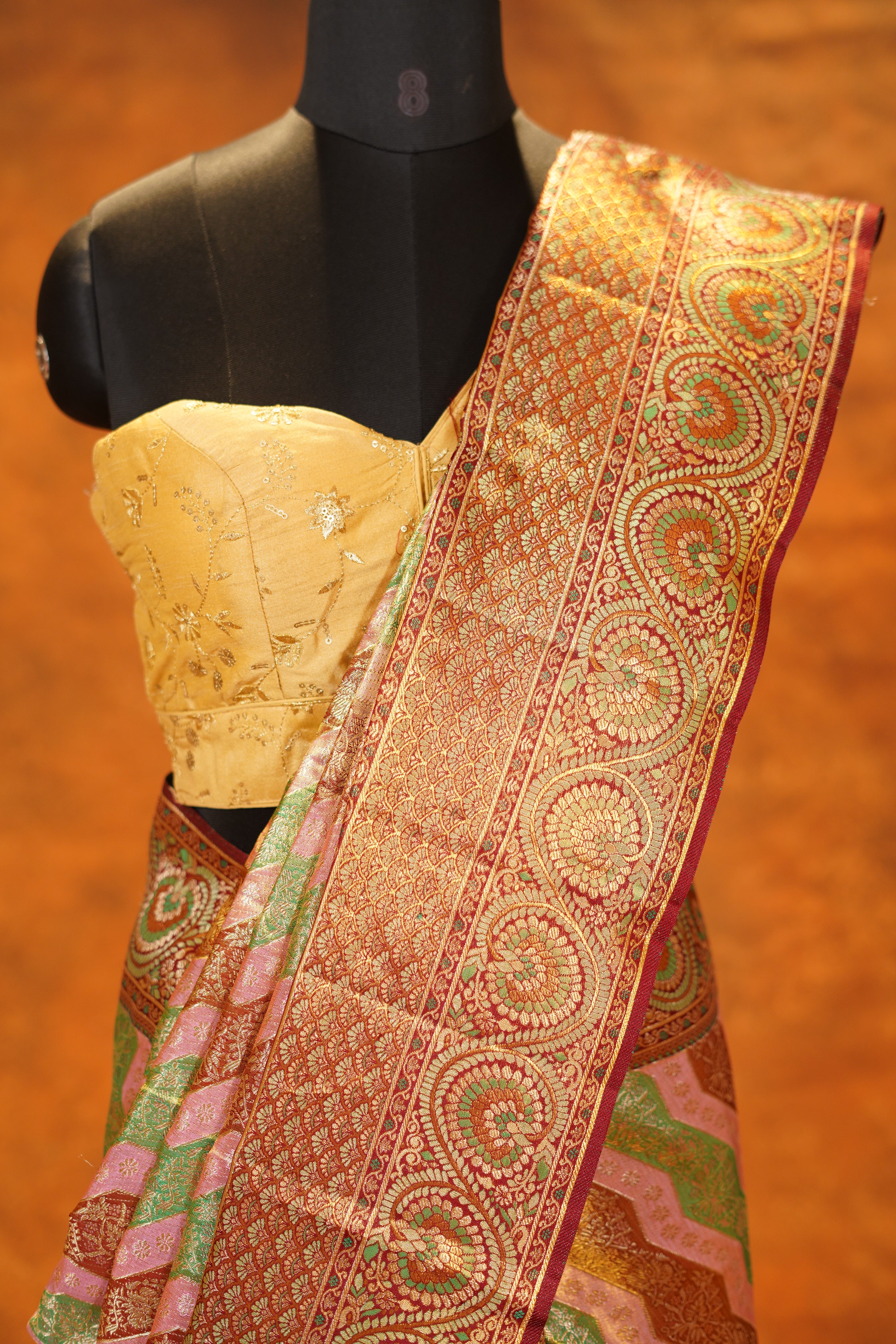 Multicolour Pure Kanjivaram Silk Saree with Brown Contrast