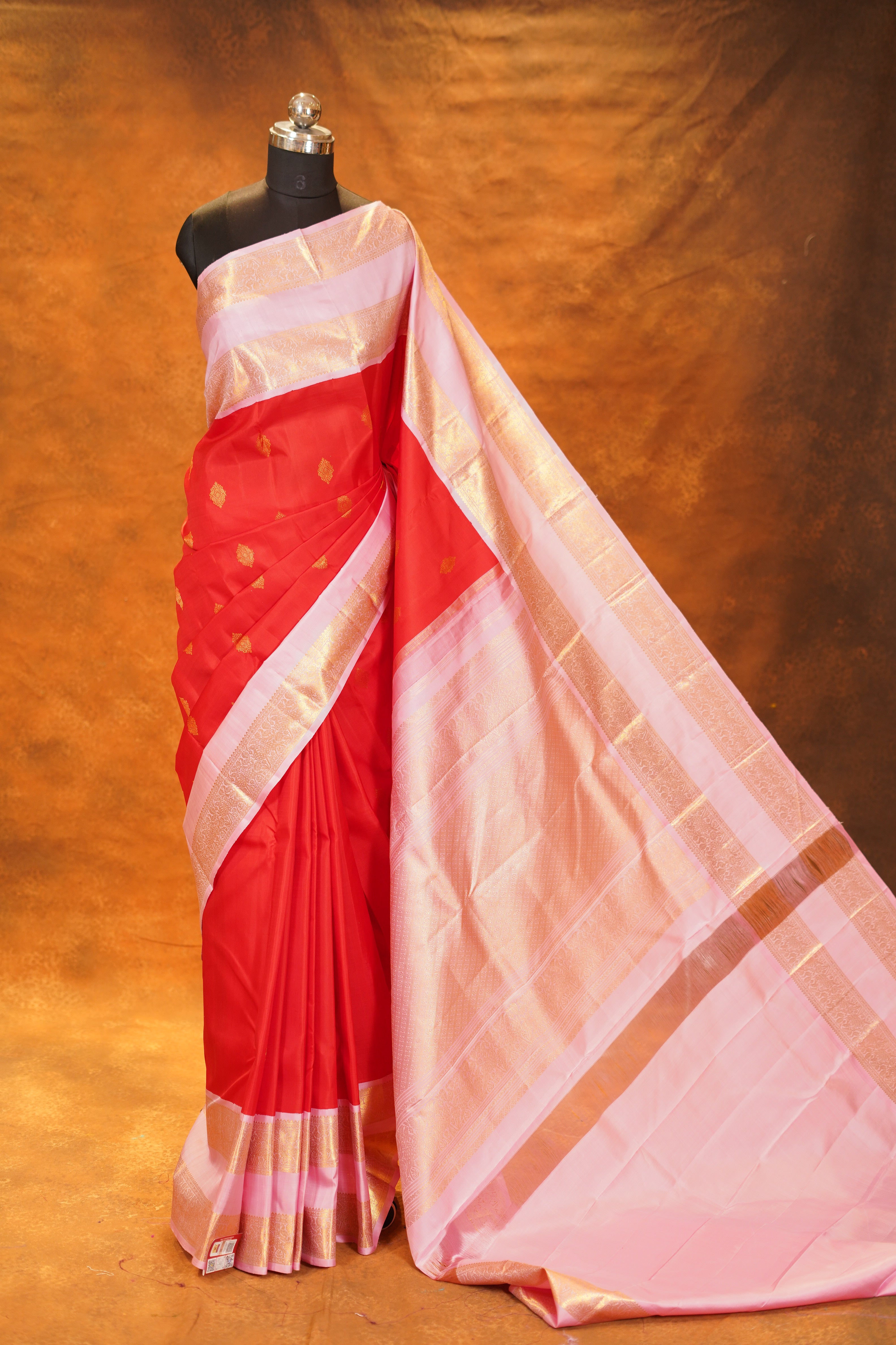 Red Colour Pure Kanjivaram Silk Saree With Baby Pink Contrast