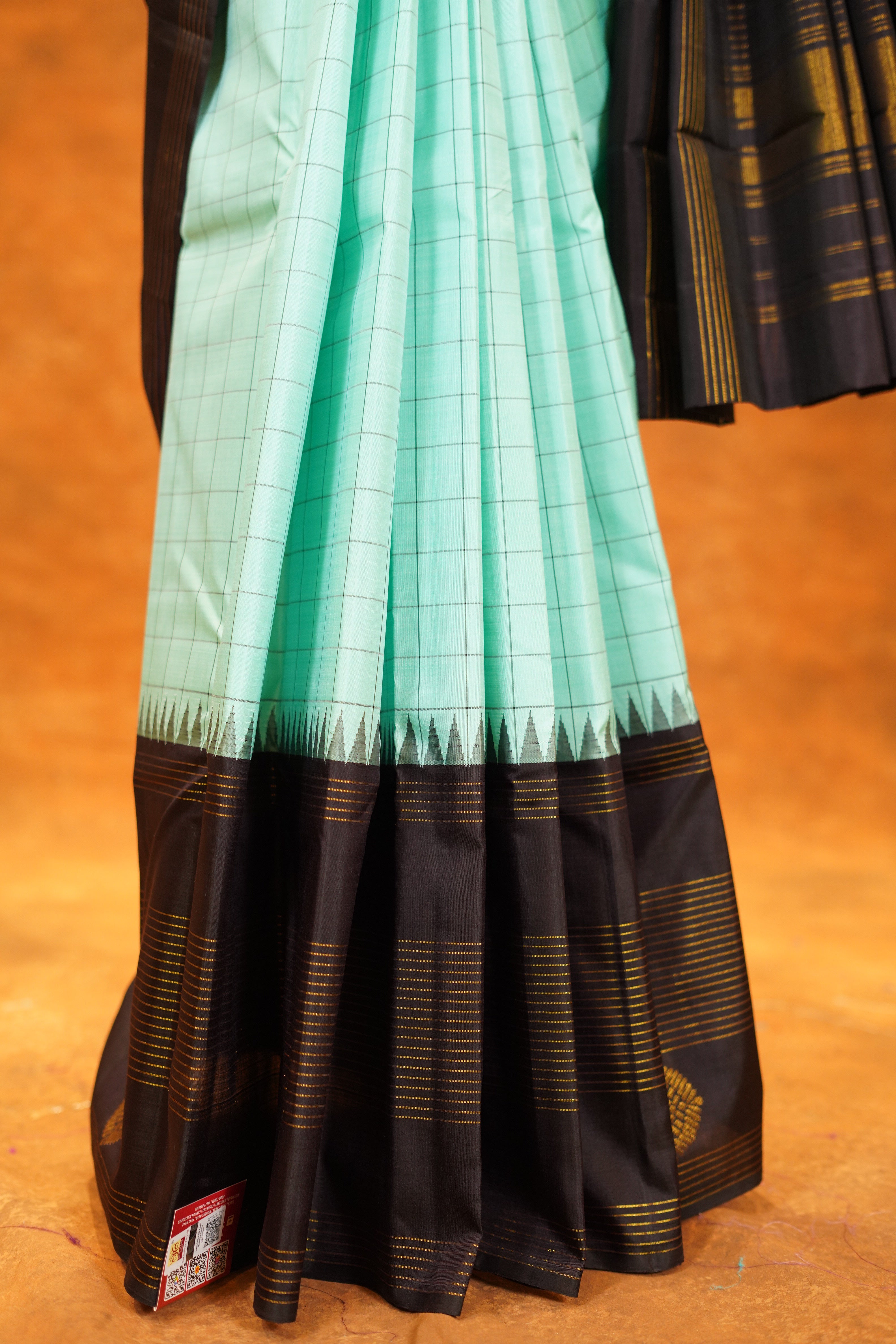 Distemper Colour Checked Pure Kanjivaram Silk Saree with Black Contrast