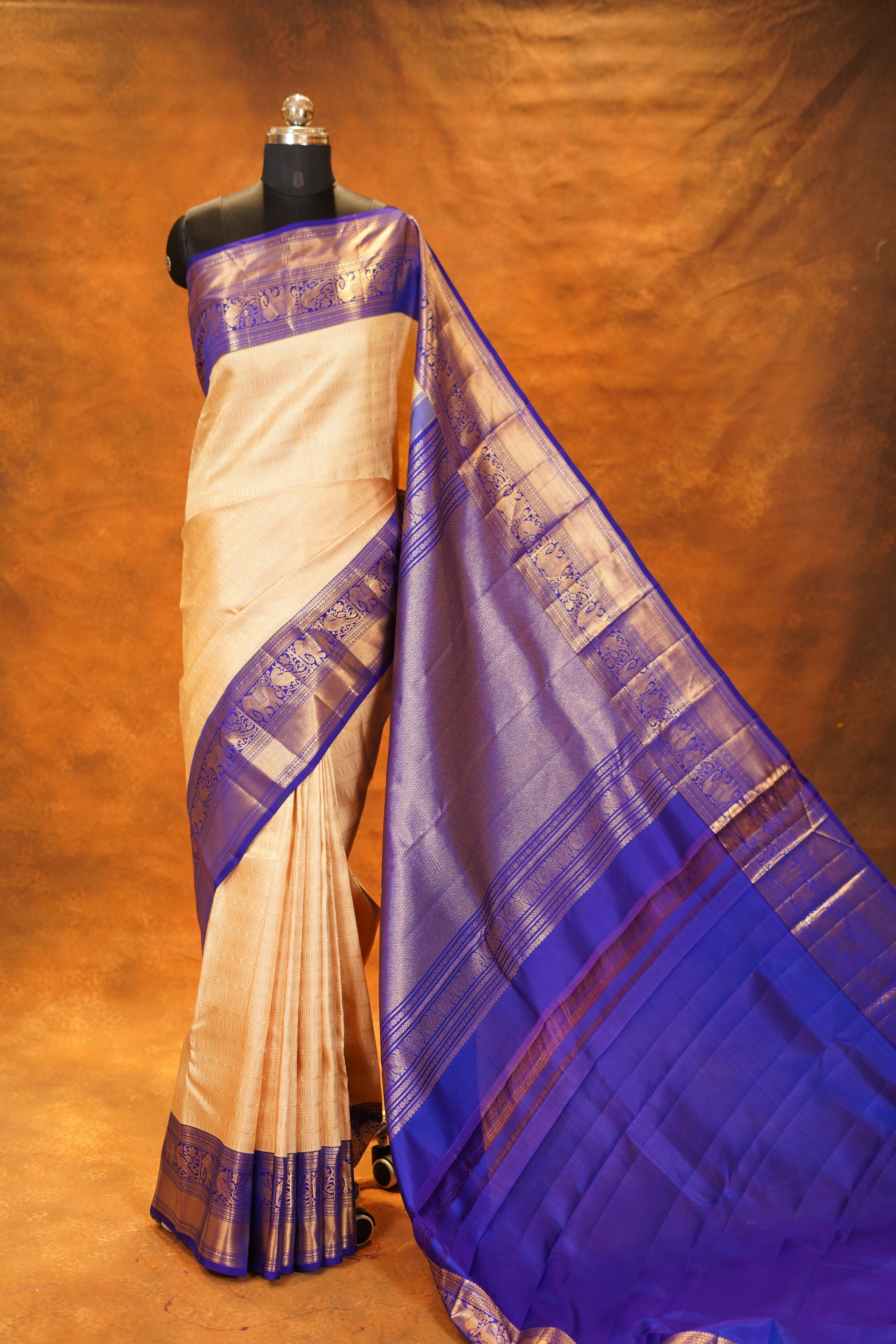 Cream Colour Pure Kanjivaram Silk Saree With Royal Blue Contrast