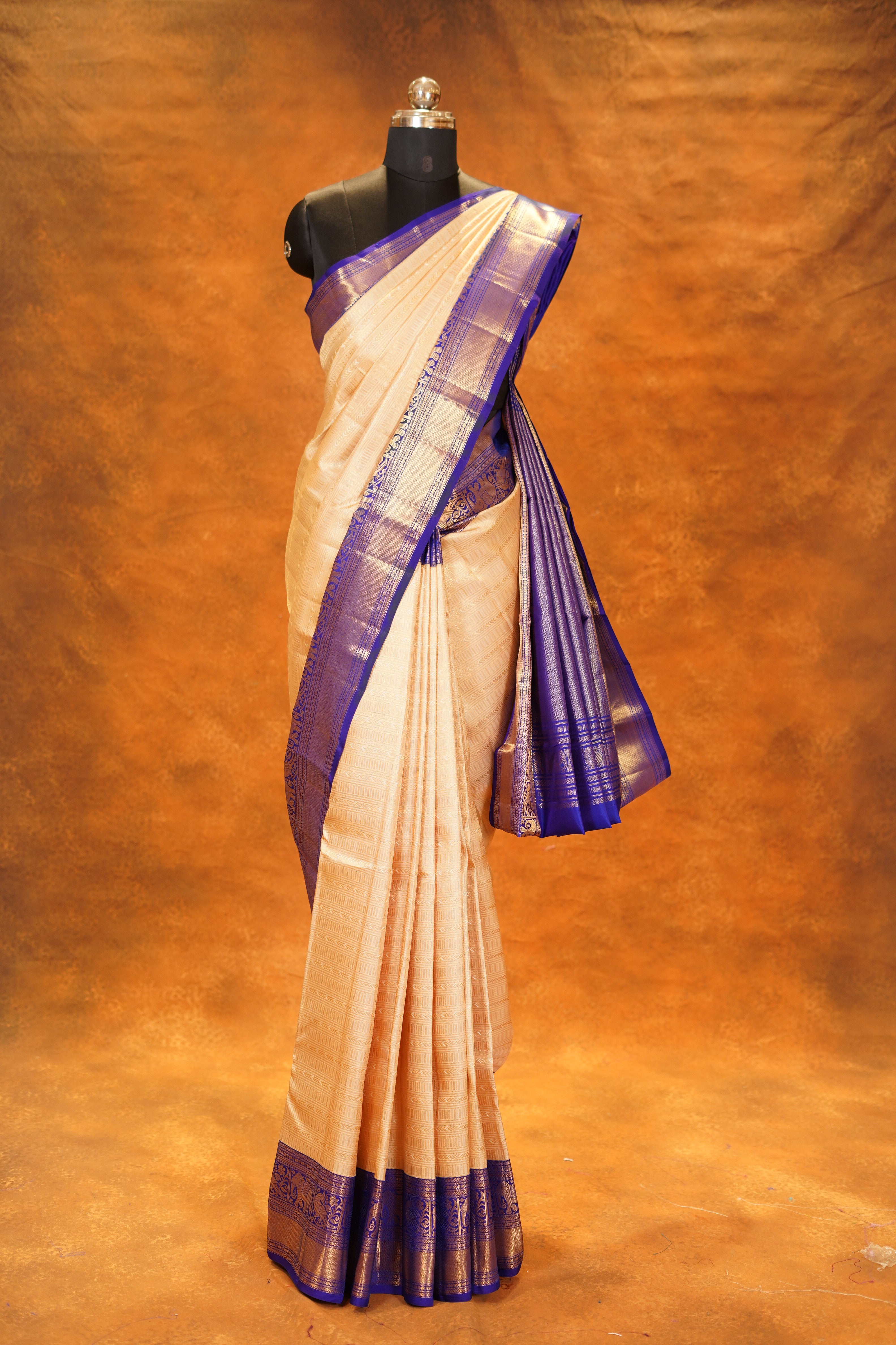 Cream Colour Pure Kanjivaram Silk Saree With Royal Blue Contrast
