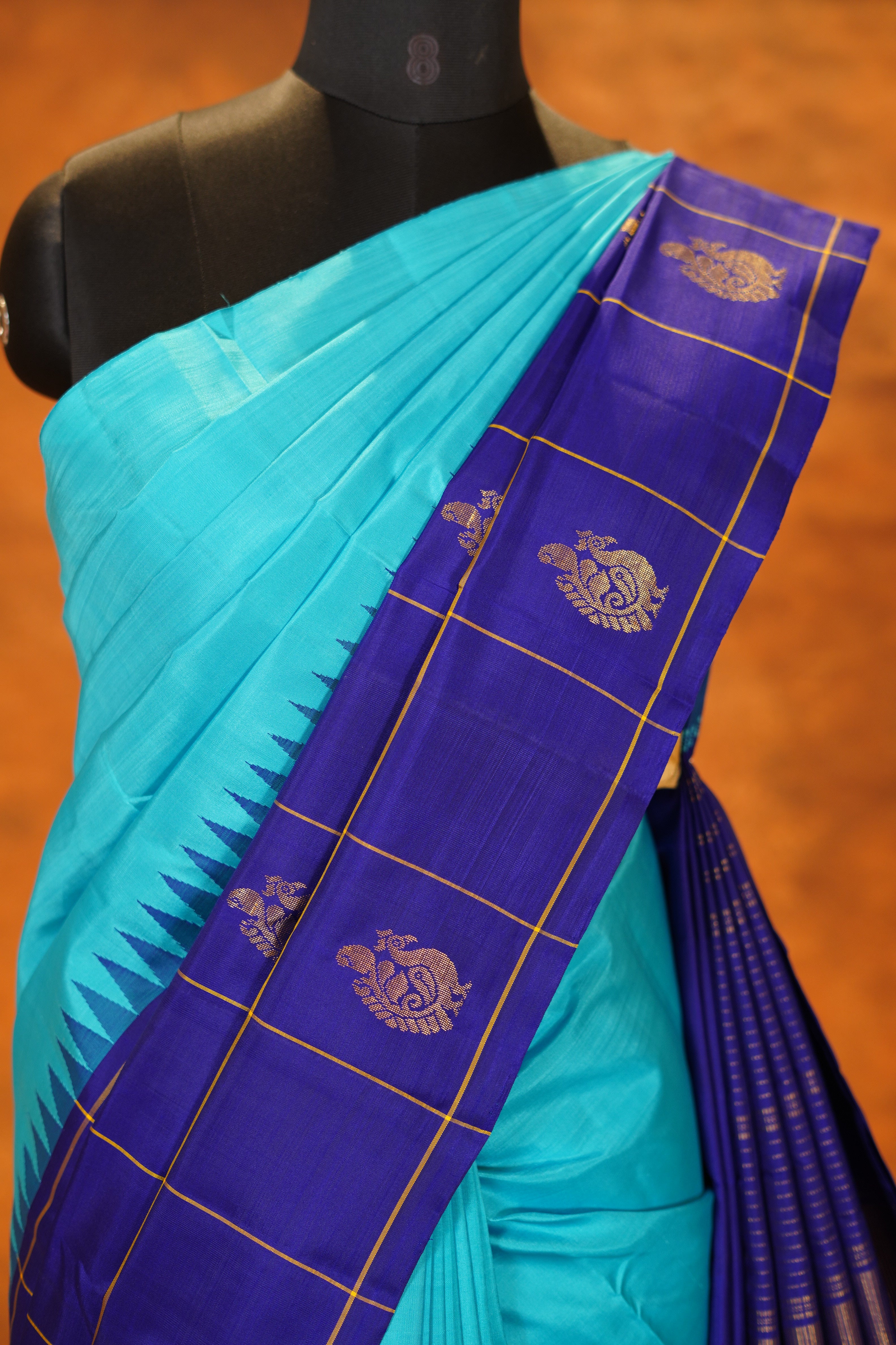 Sky Blue Colour Half And Half Pure Kanjivaram silk Saree with Royal Blue Contrast