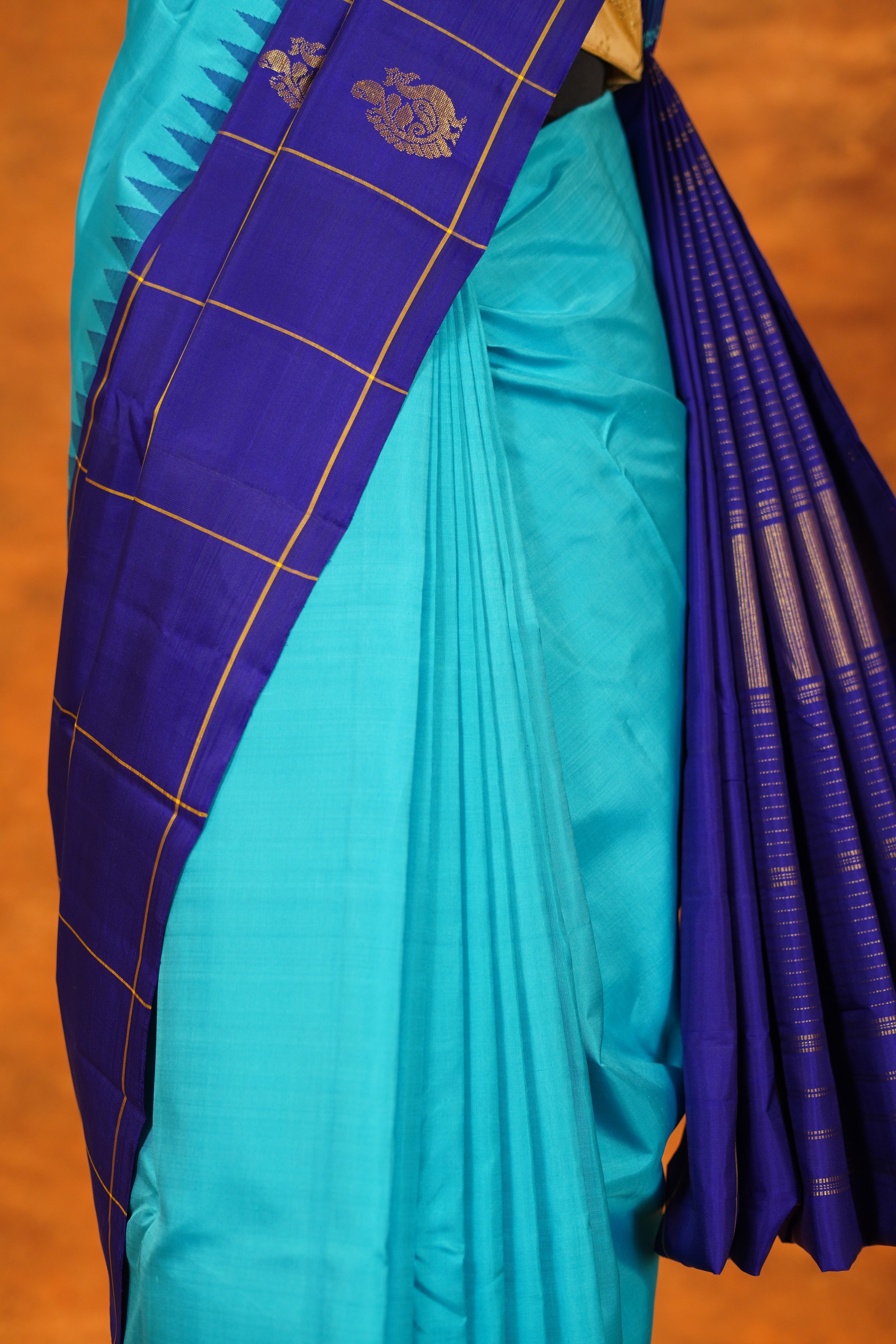 Sky Blue Colour Half And Half Pure Kanjivaram silk Saree with Royal Blue Contrast