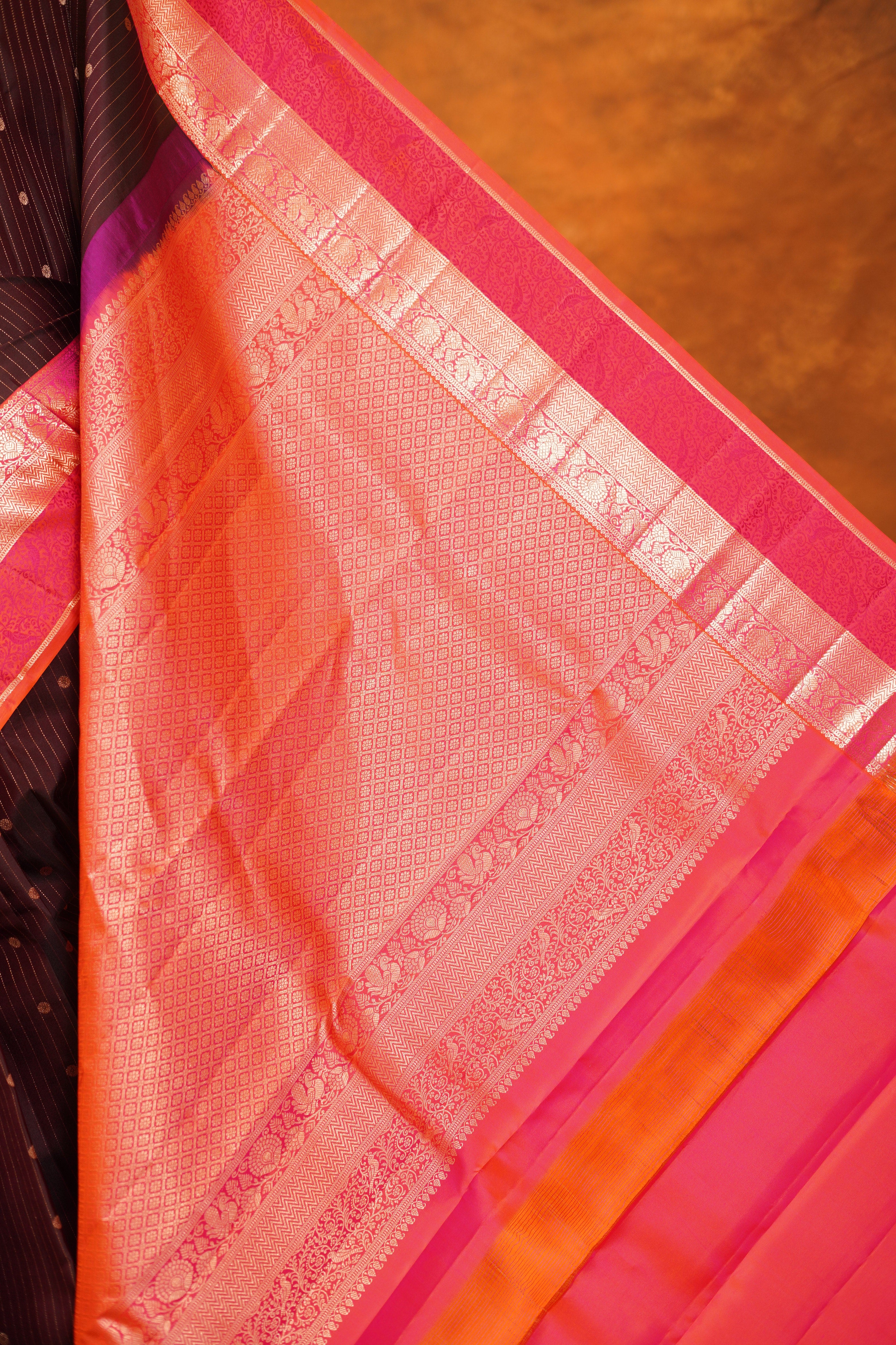 Dark Brown colour Pure Kanjivaram Silk Saree with Pink contrast