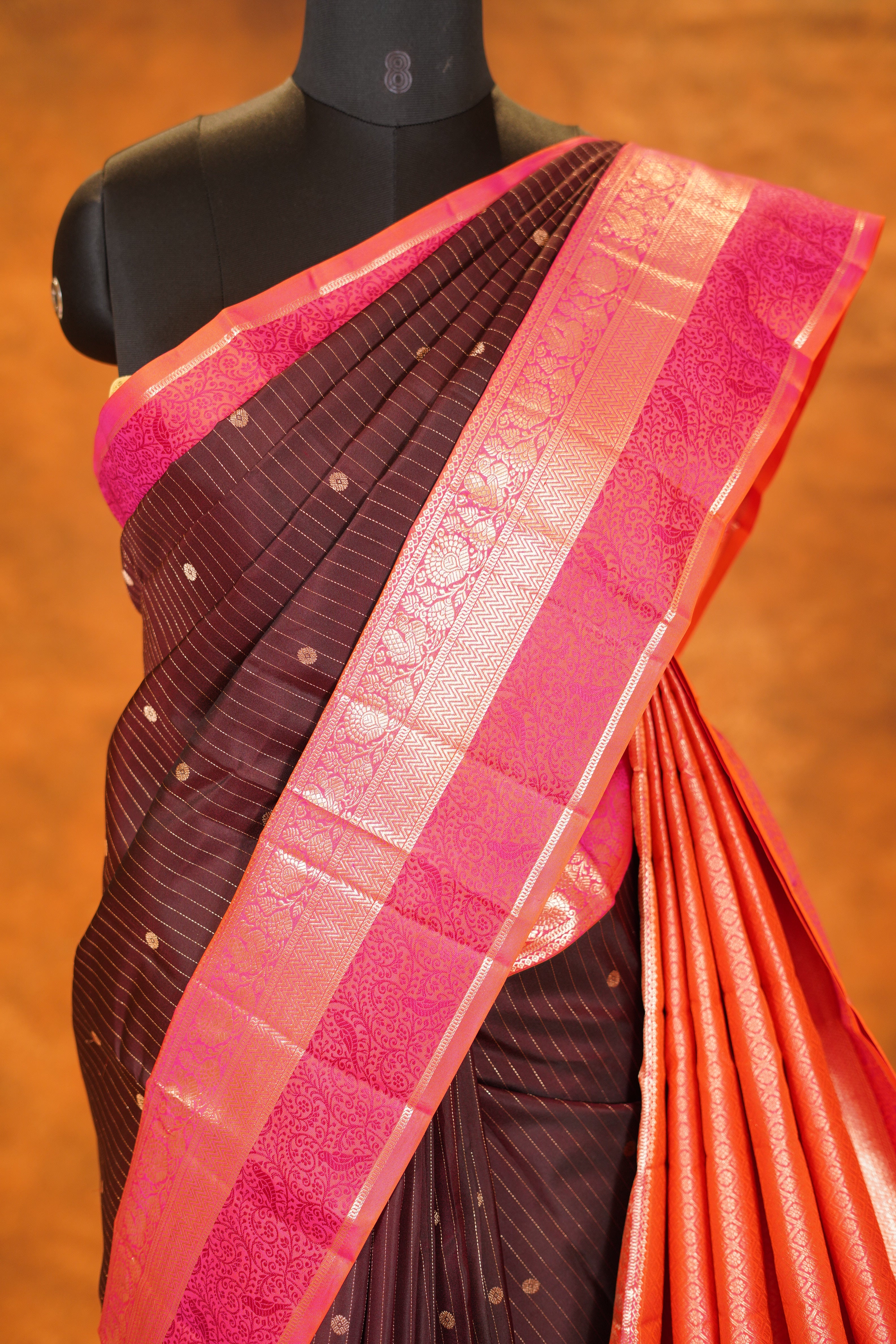 Dark Brown colour Pure Kanjivaram Silk Saree with Pink contrast