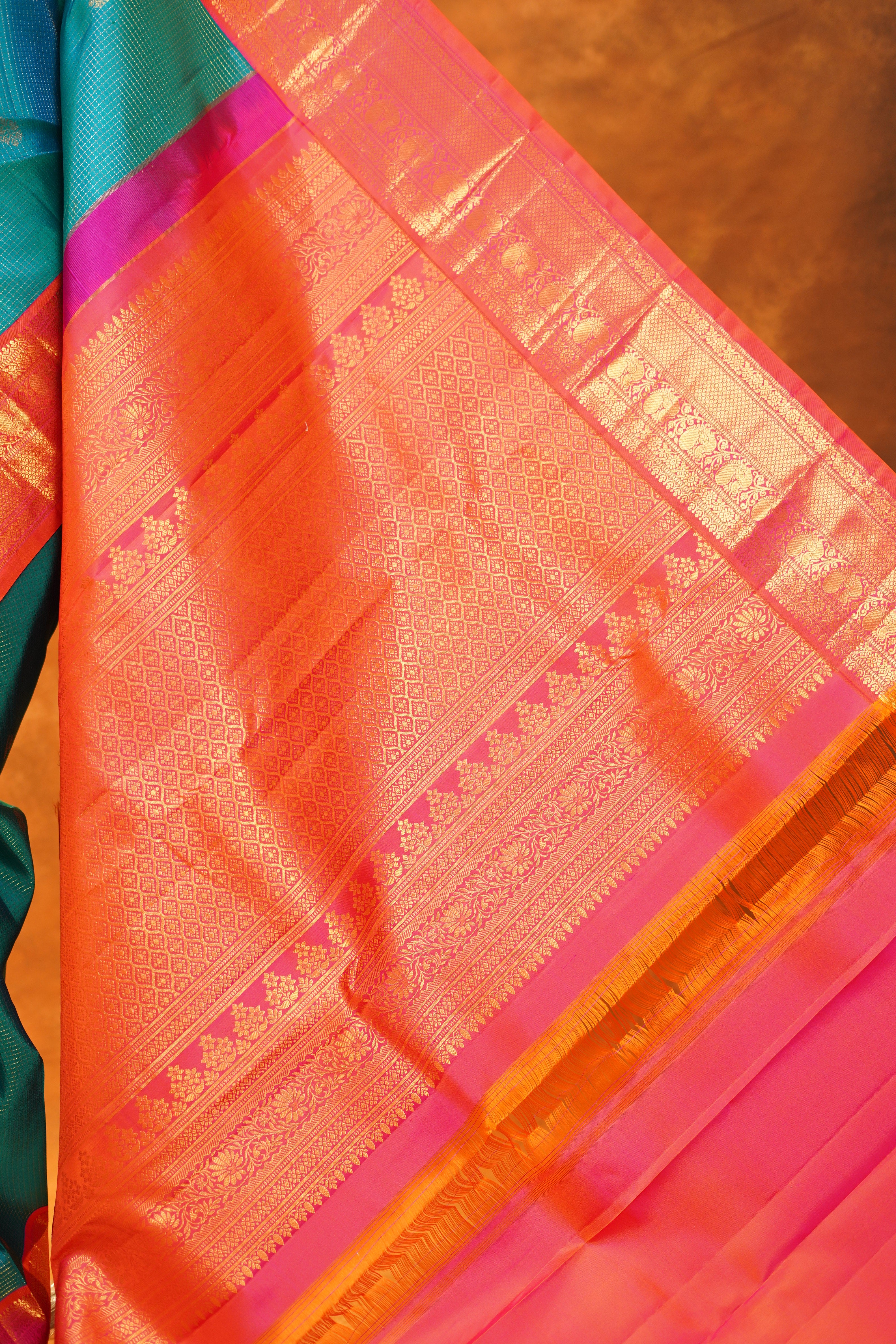 Peacock Blue colour Pure Kanjivaram Silk Saree with Pink contrast