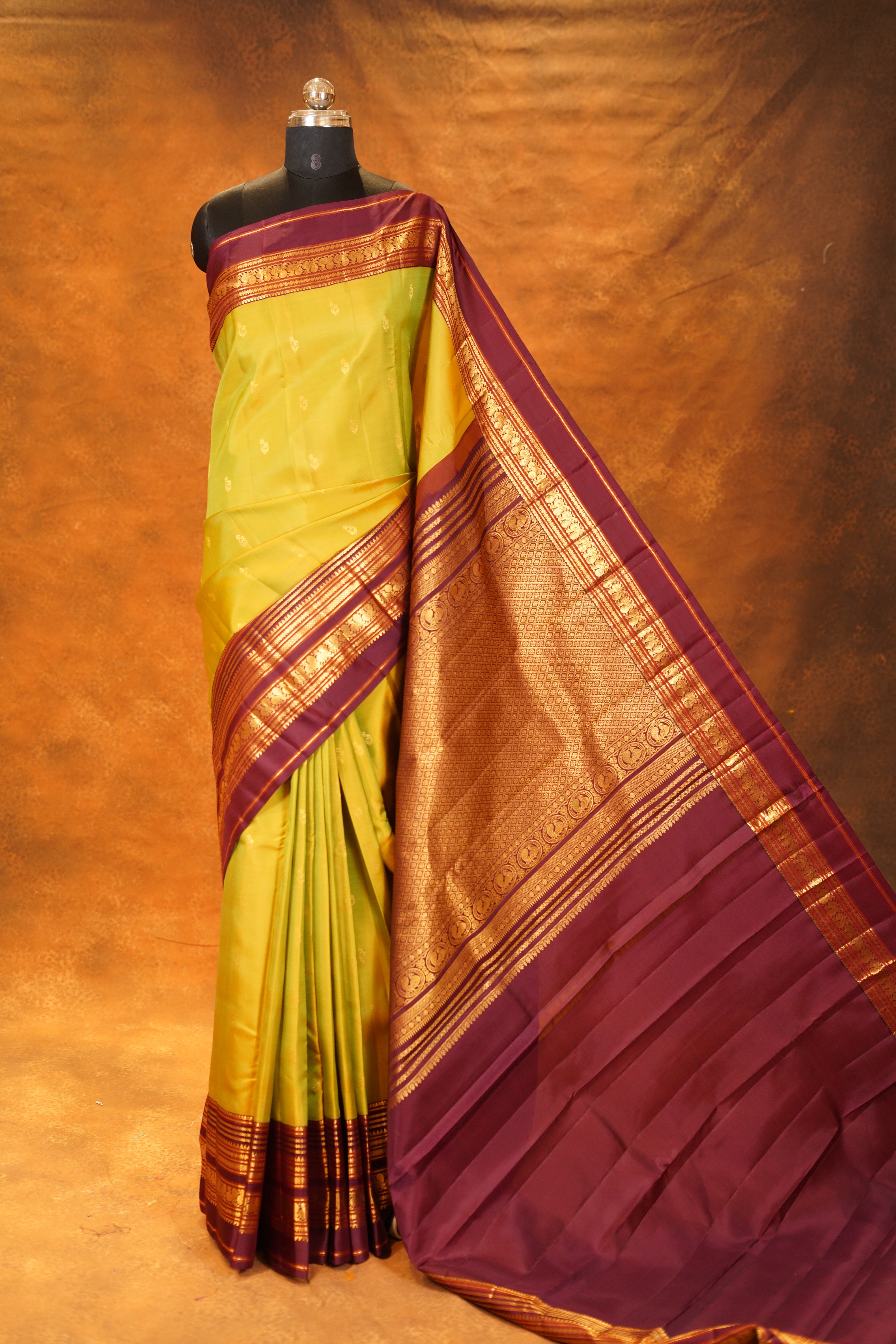 Pista Green colour Pure Kanjivaram Silk Saree with Maroon contrast