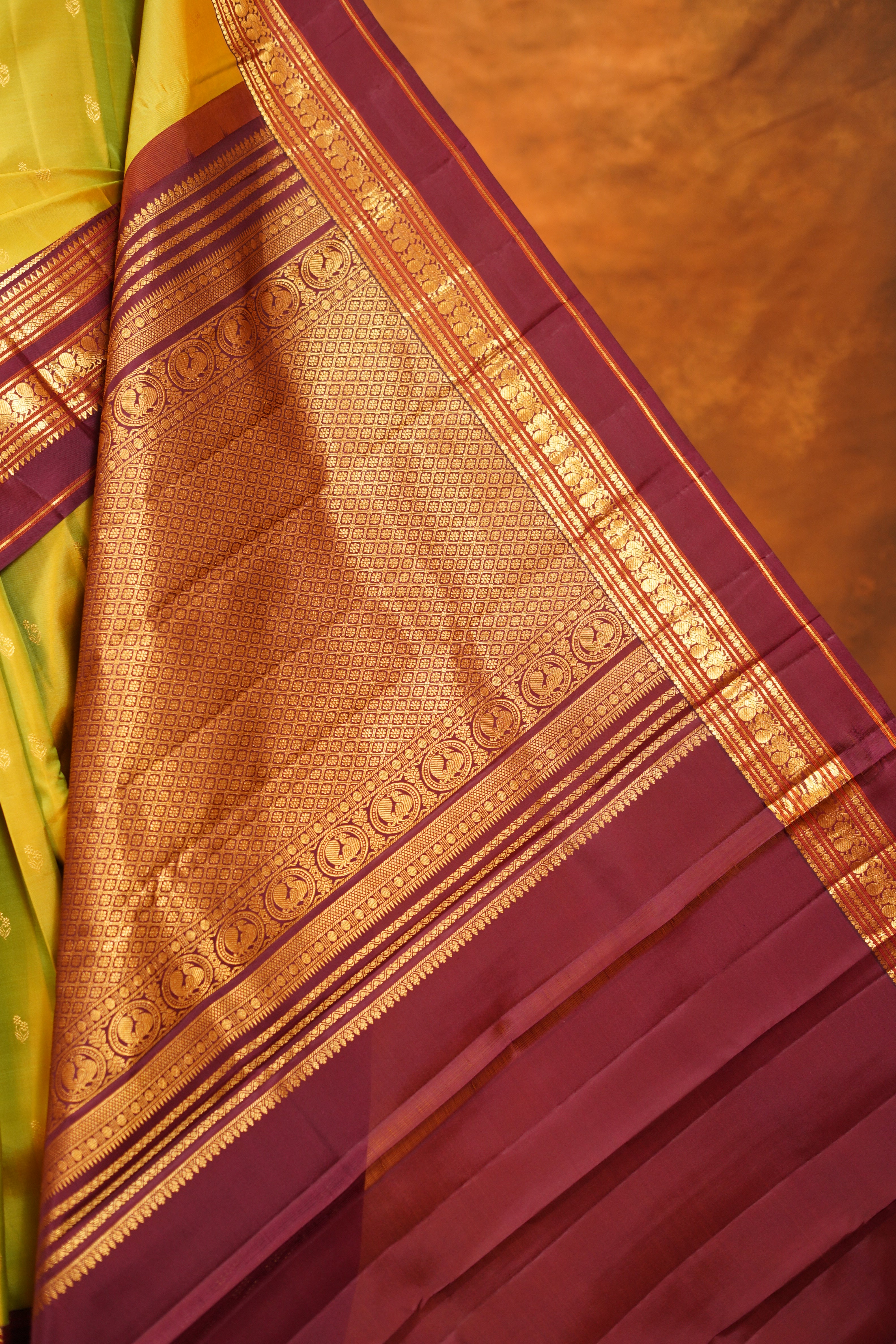 Pista Green colour Pure Kanjivaram Silk Saree with Maroon contrast
